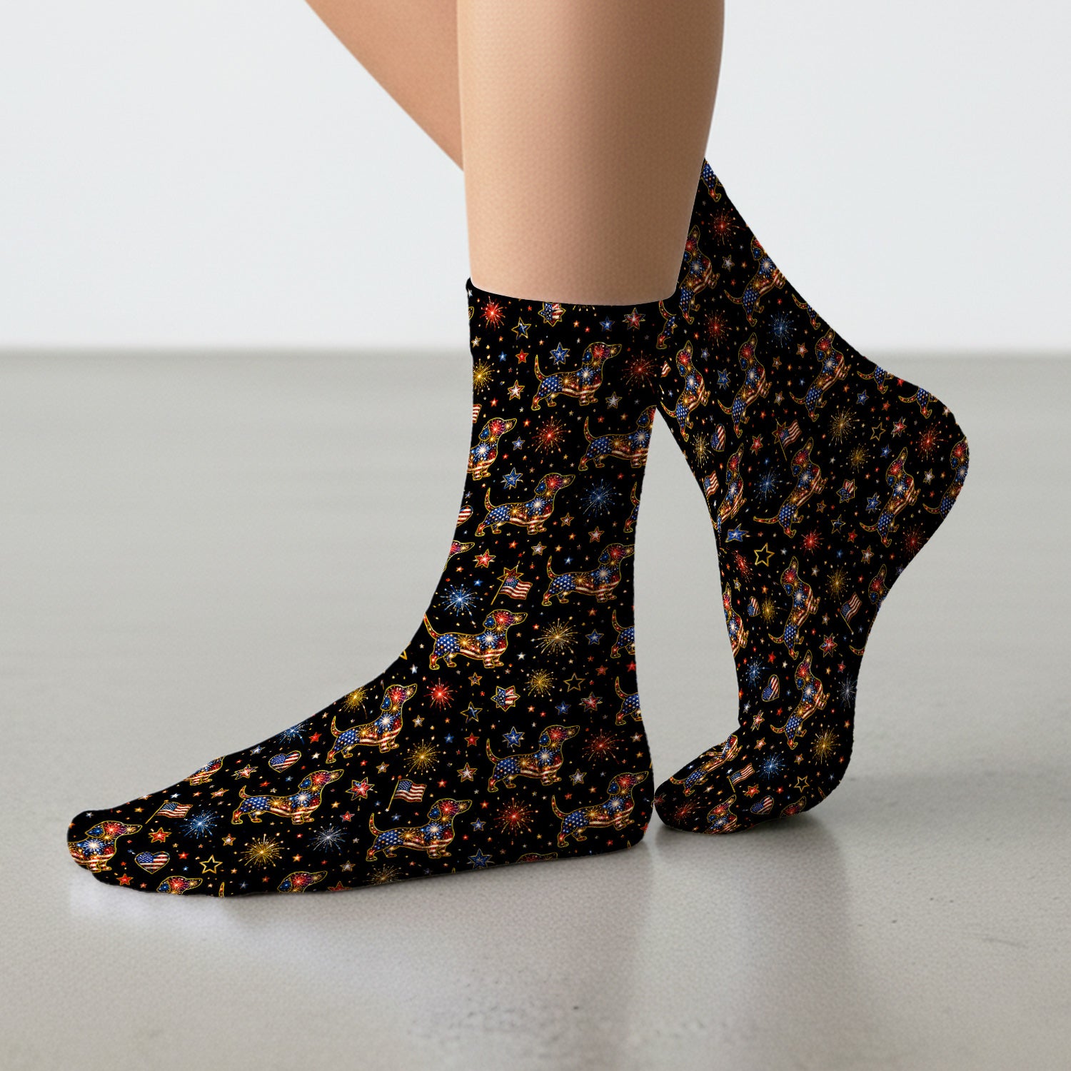 Patriotic Dachshund Nurse for RN & CNA, Fireworks Dog Lover Healthcare Uniform Socks, Adult Socks for Men and Women