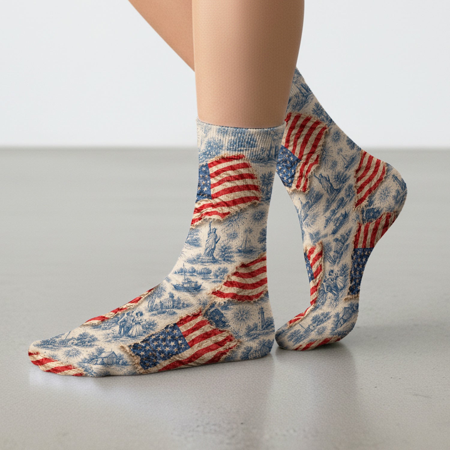 Vintage American Flag Toile Pattern Socks, Adult Socks for Men and Women