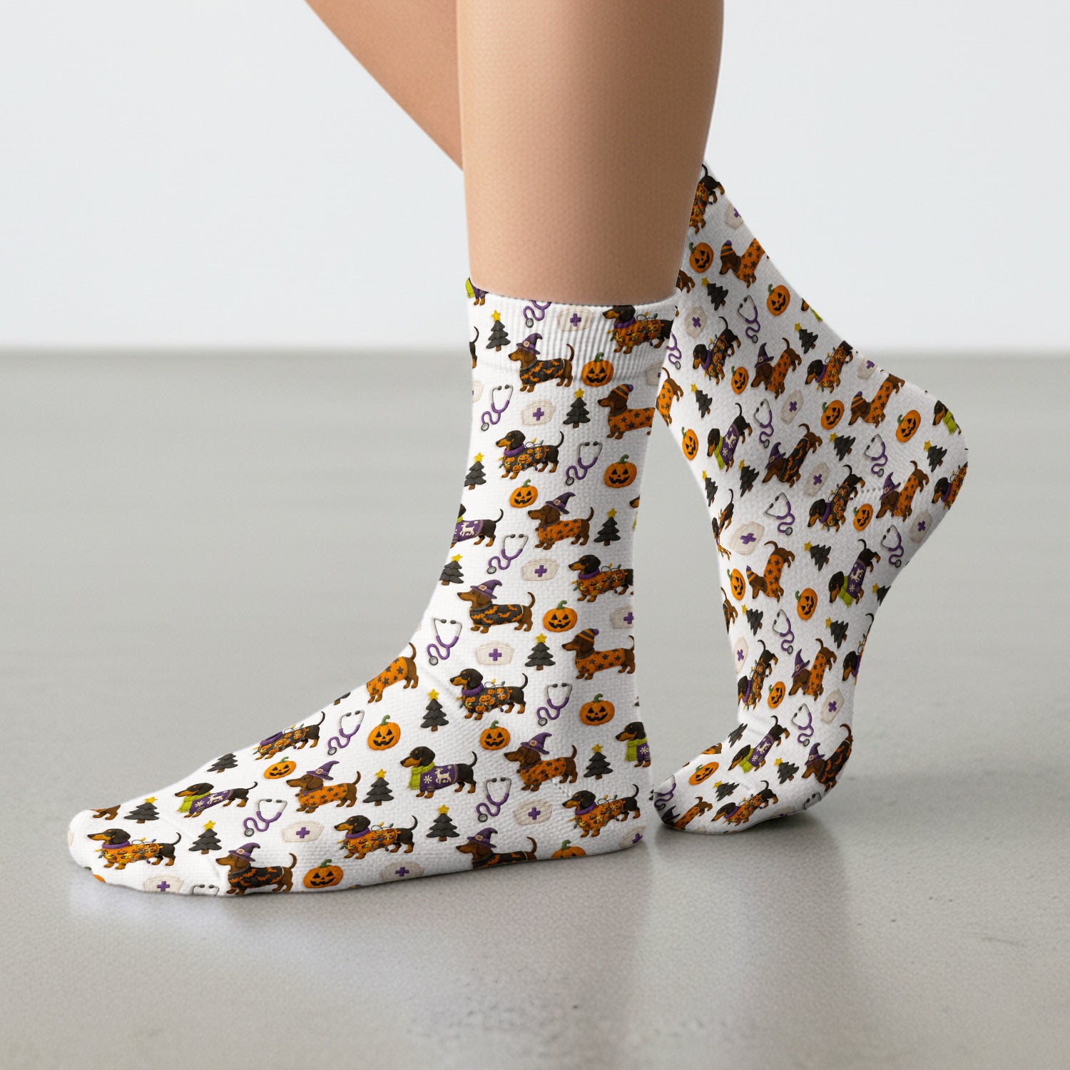 Halloween Dachshund with Pumpkin Stethoscope Print Socks, Adult Socks for Men and Women