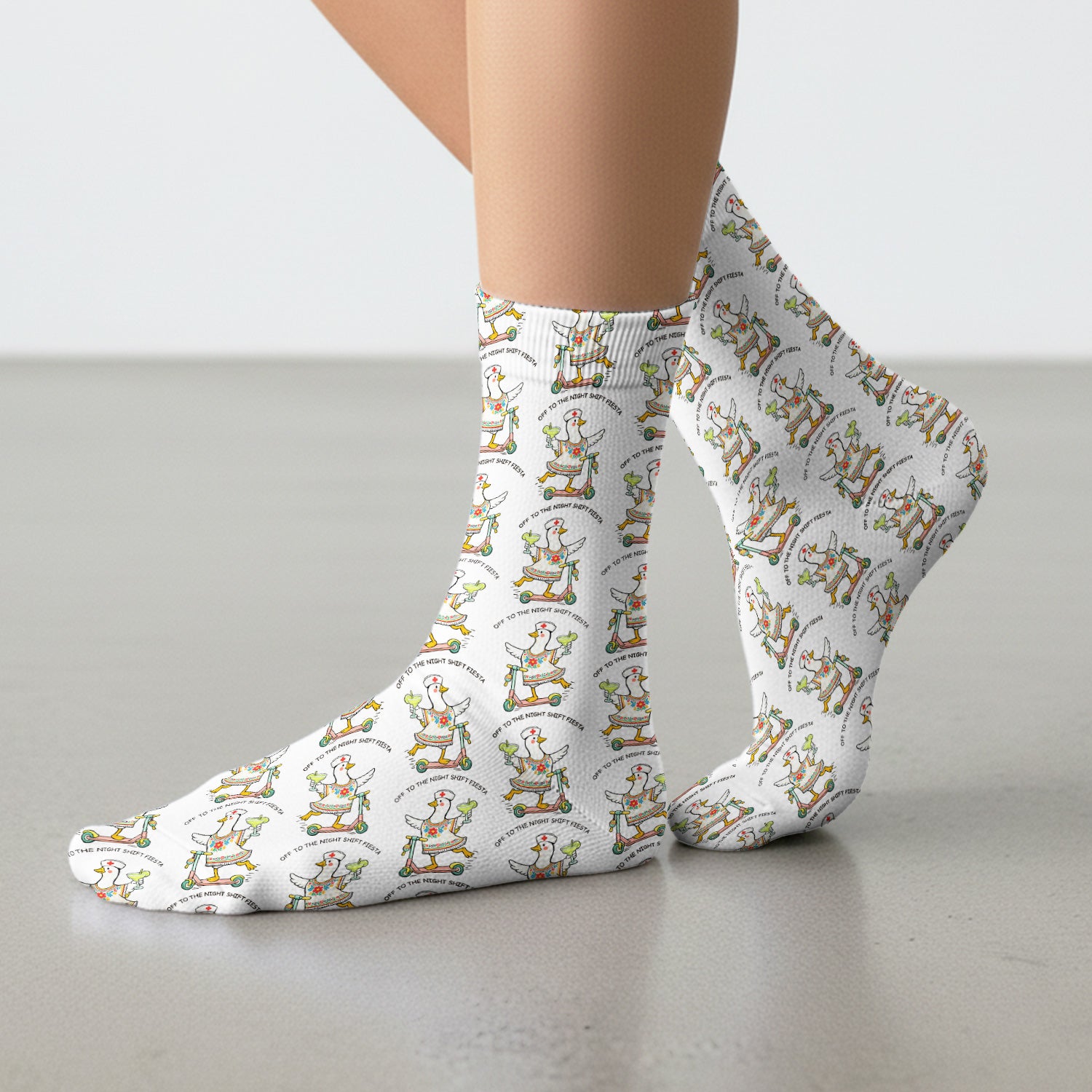 Funny Duck Scooter Night Shift Fiesta Socks, Adult Socks for Men and Women