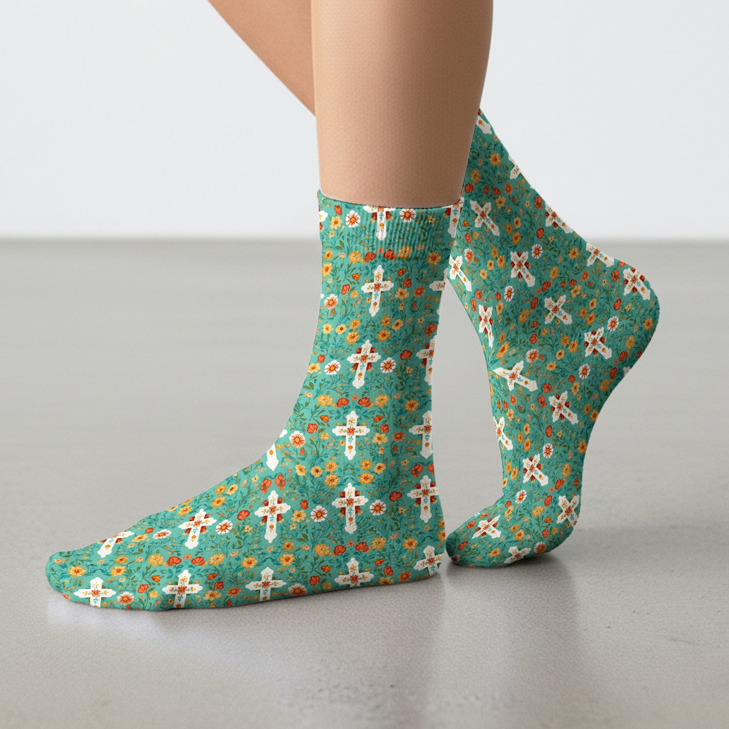 Christian Faith Floral Cross Pattern Socks, Adult Socks for Men and Women
