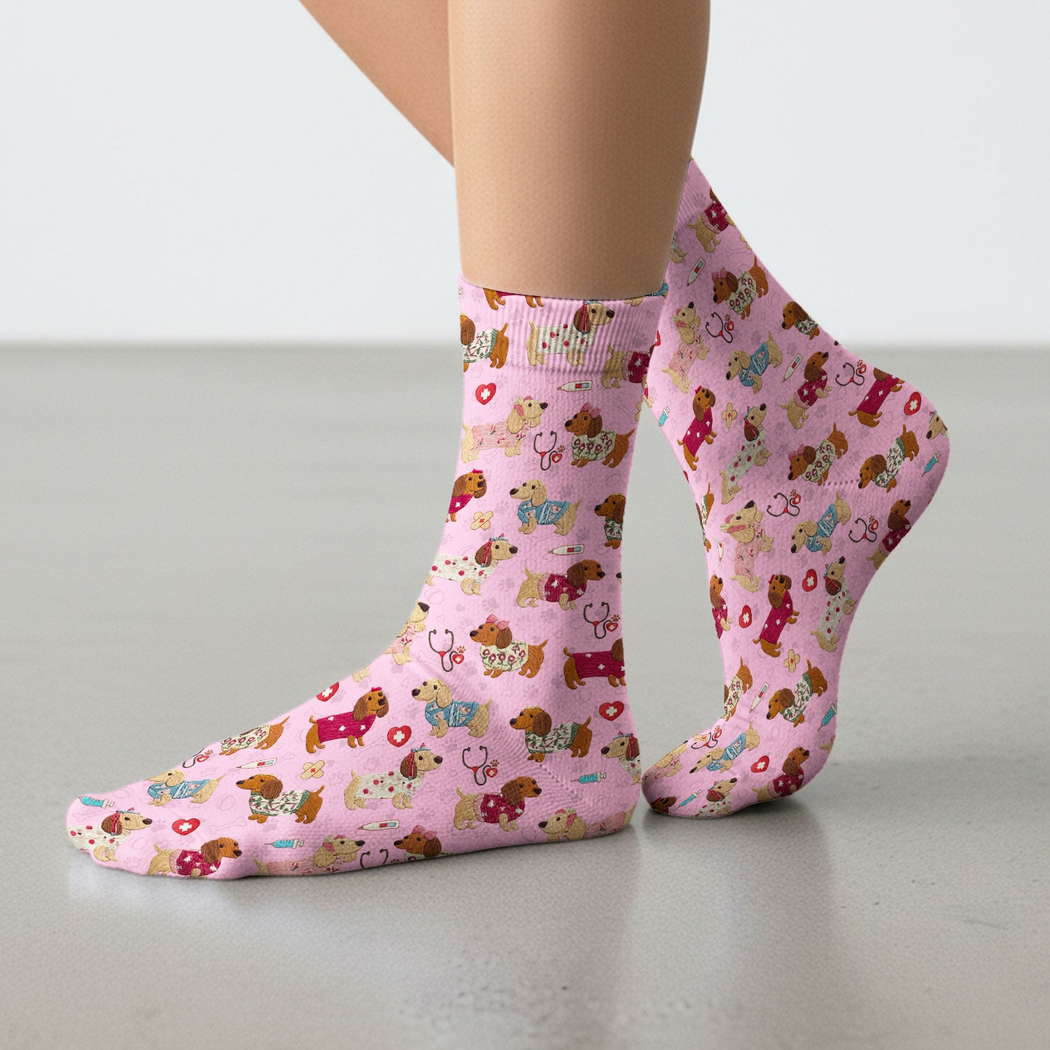 Cute Medical Wiener Dog Pattern Nurse Socks, Dachshund Nursing Scrub Sock, Breathable Fabrics Nursing Uniform