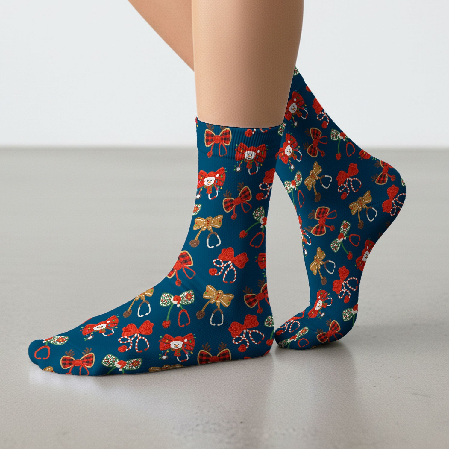Christmas Stethoscope Bow Nurse Scrub Socks, Xmas Pattern Scrub Sock, Holiday Nursing Uniform