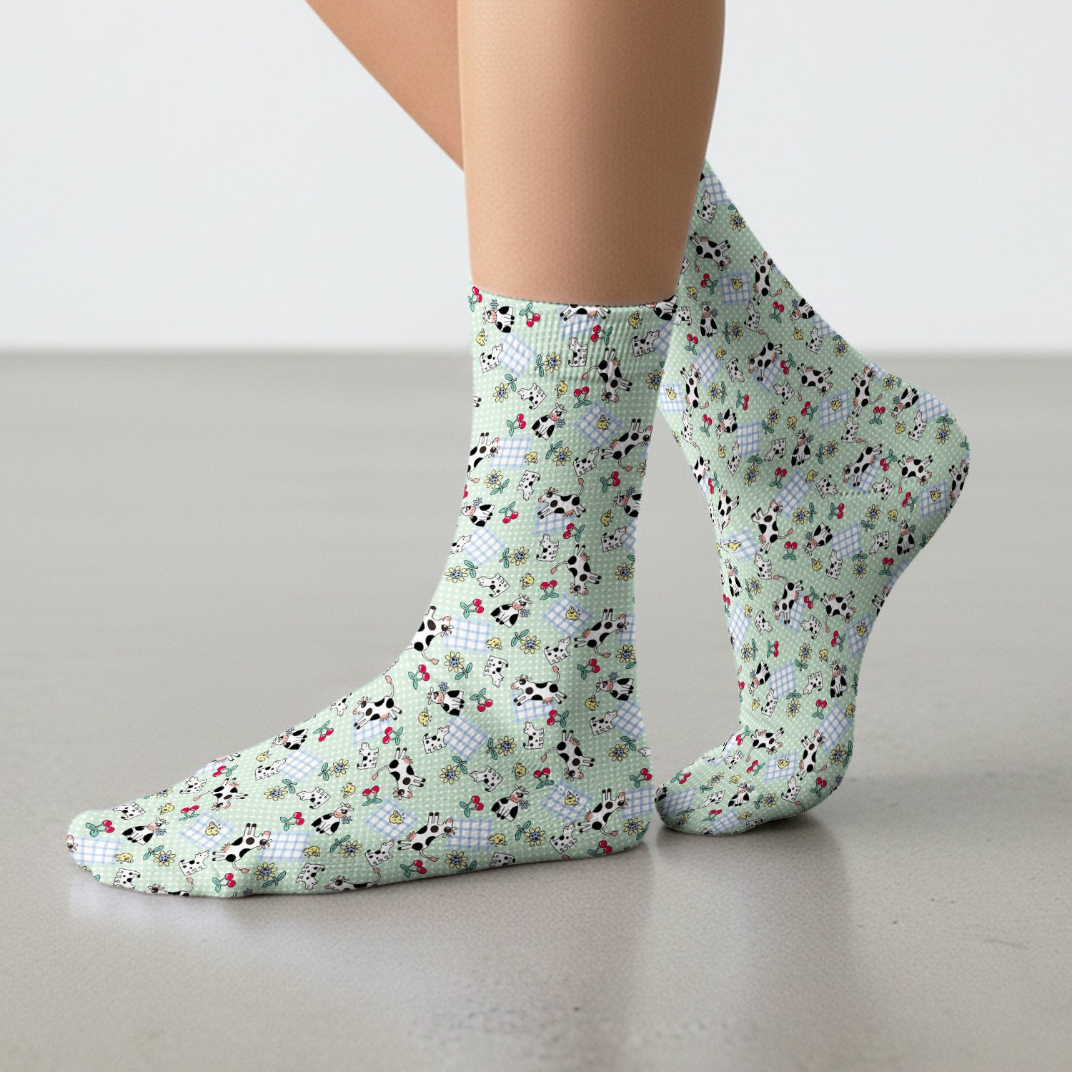 Cute Cow Cherry Farm Garden Pattern Nurse Socks, Adult Socks for Men and Women