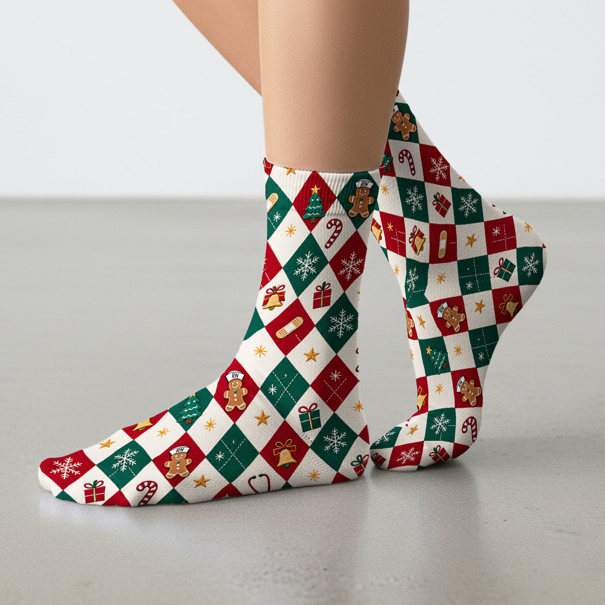 Christmas Gingerbread Nurse Argyle Socks, Adult Socks for Men and Women