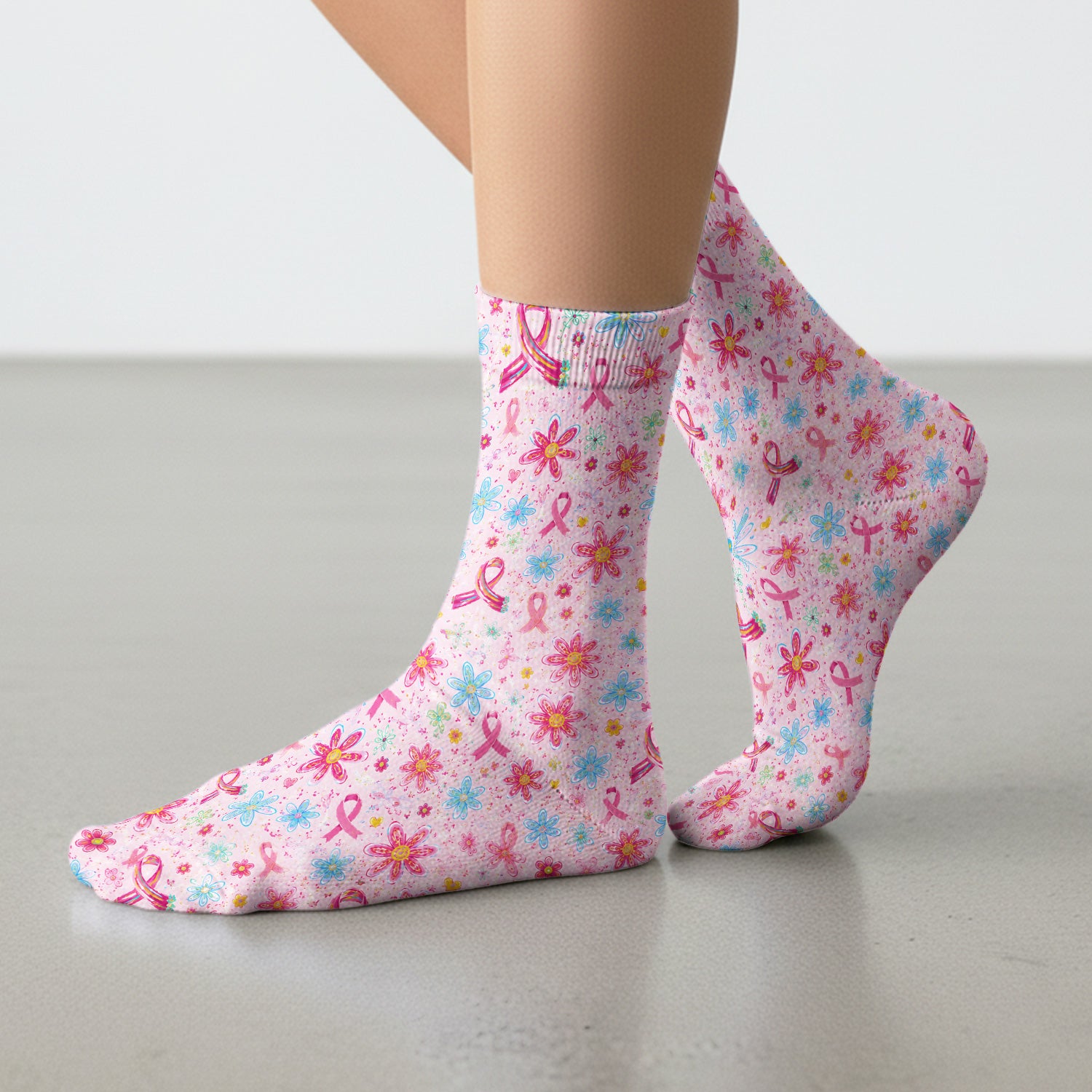 Floral Breast Cancer Awareness Print Socks, Adult Socks for Men and Women