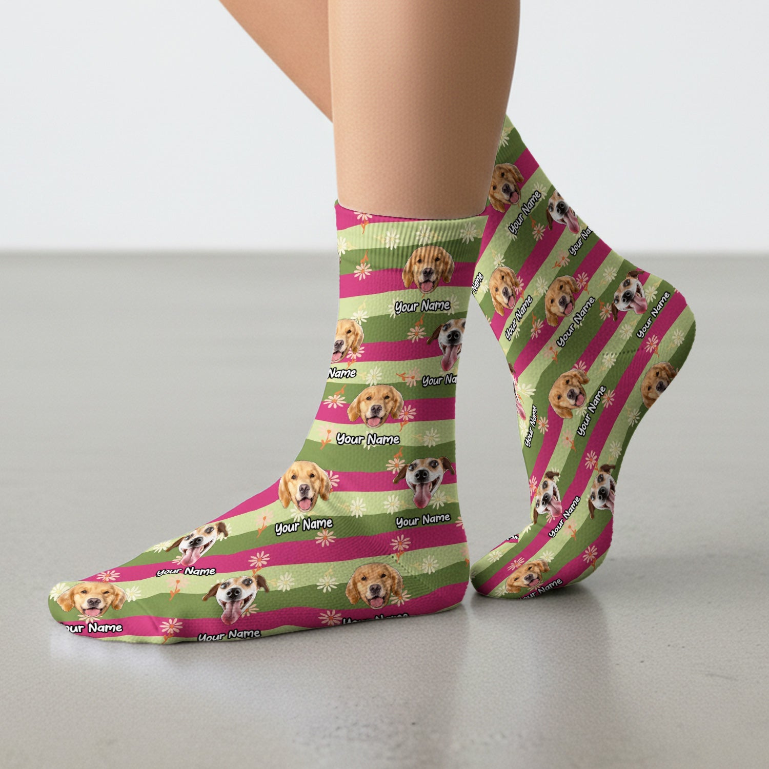 Personalized Floral Dog Portrait With Spring Stripes Pattern Socks, Adult Socks for Men and Women