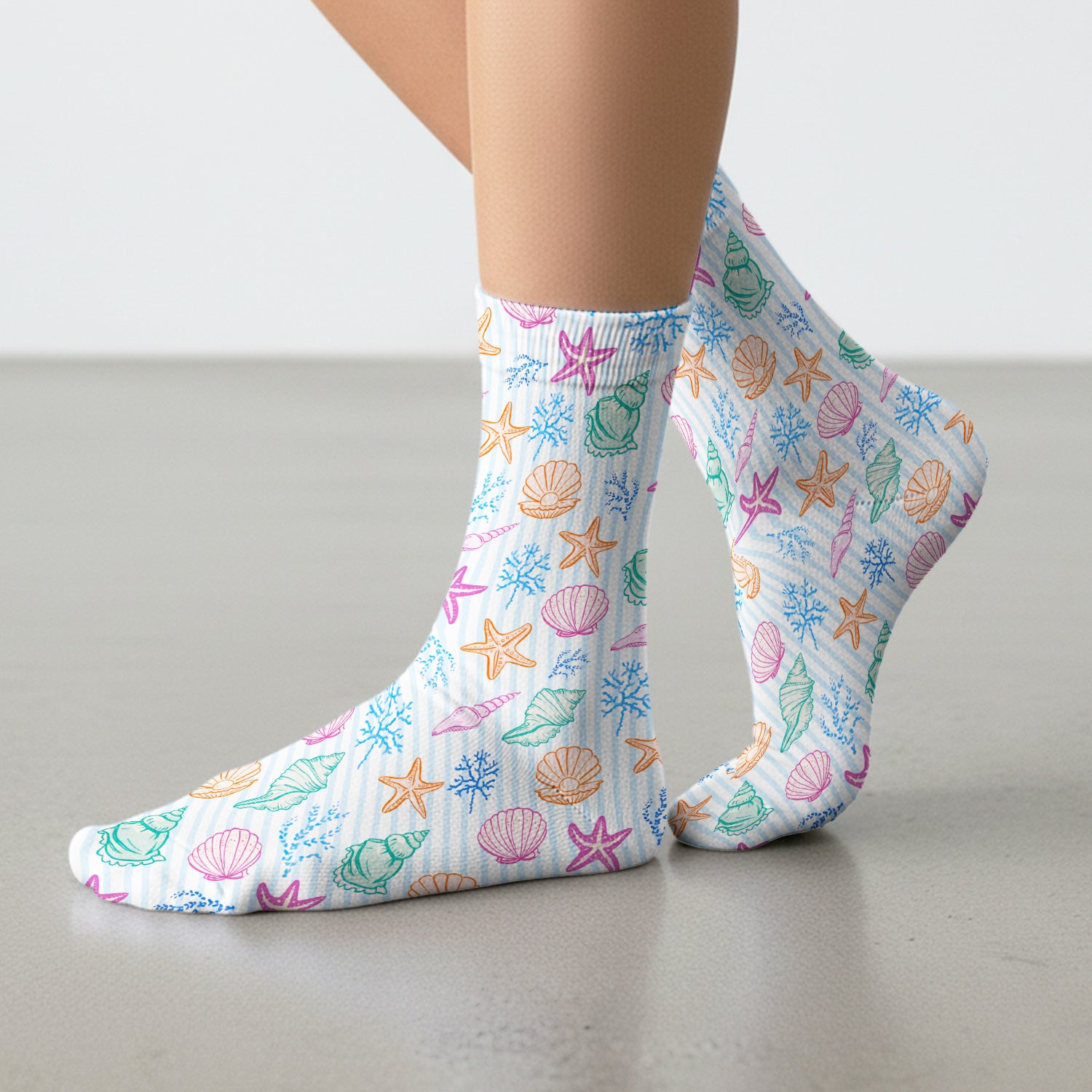 Colorful Seashell Starfish Ocean Stripe Pattern Sock, Breathable Fabrics Medical Uniform