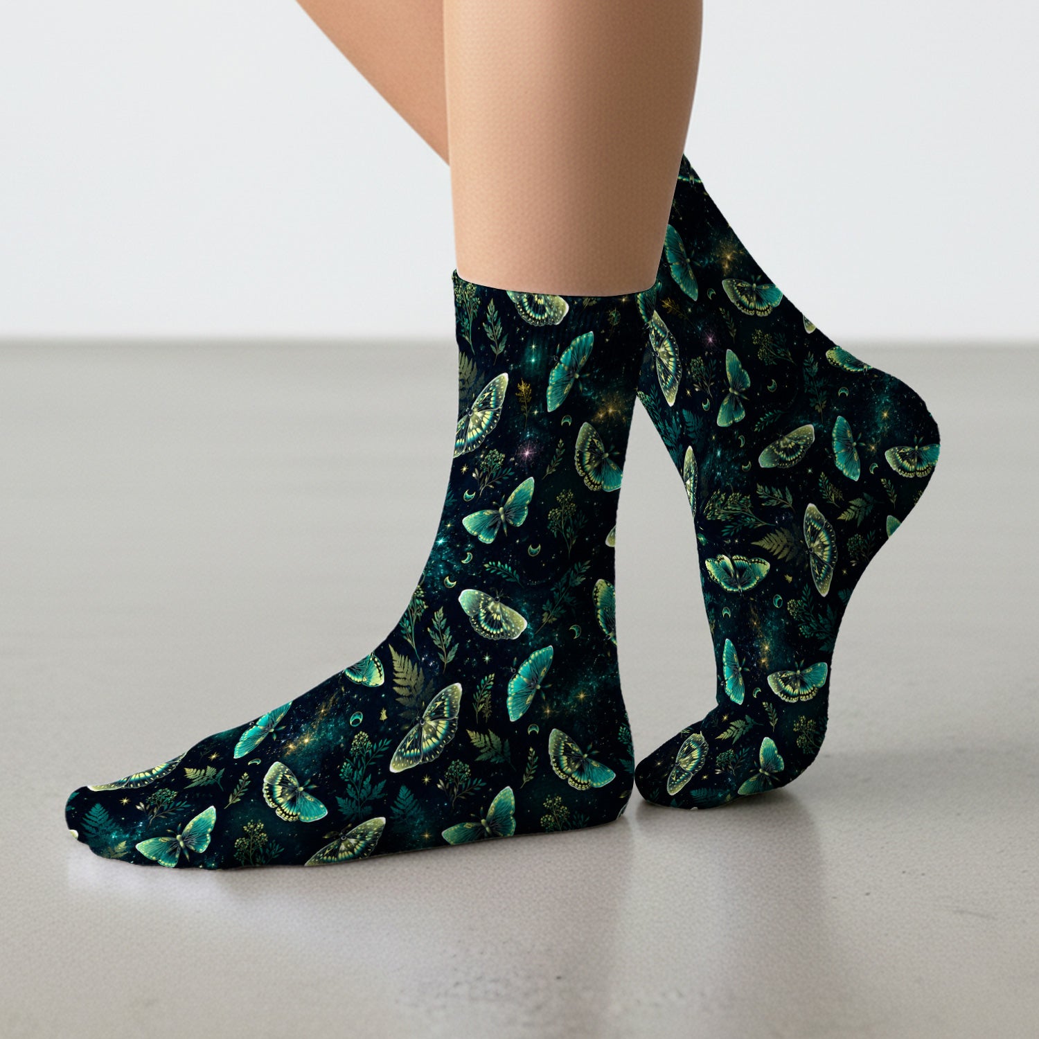 Mystical Moonlight Butterfly Garden Pattern Socks, Adult Socks for Men and Women