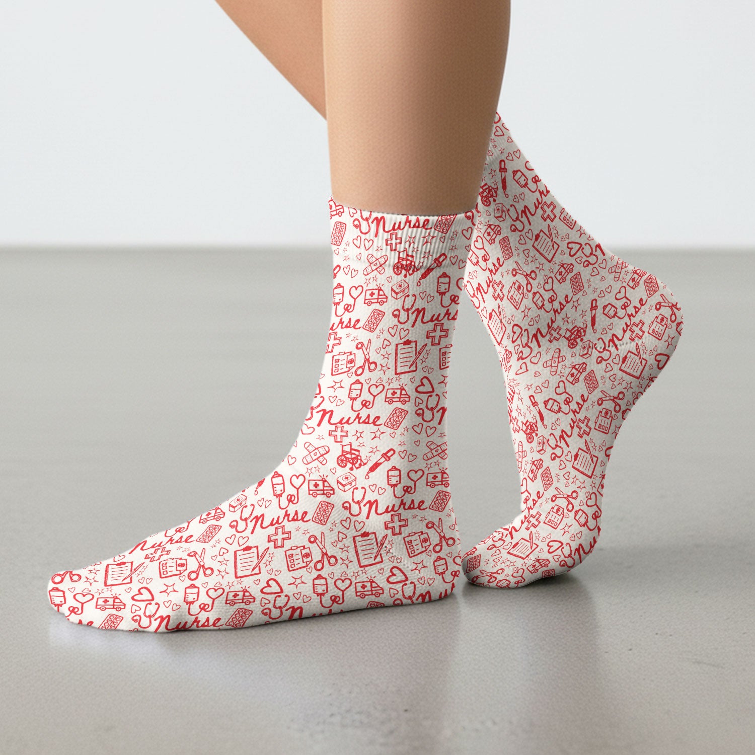 Cute Nurse Heart Medical Pattern Socks, Breathable Fabrics Medical Uniform