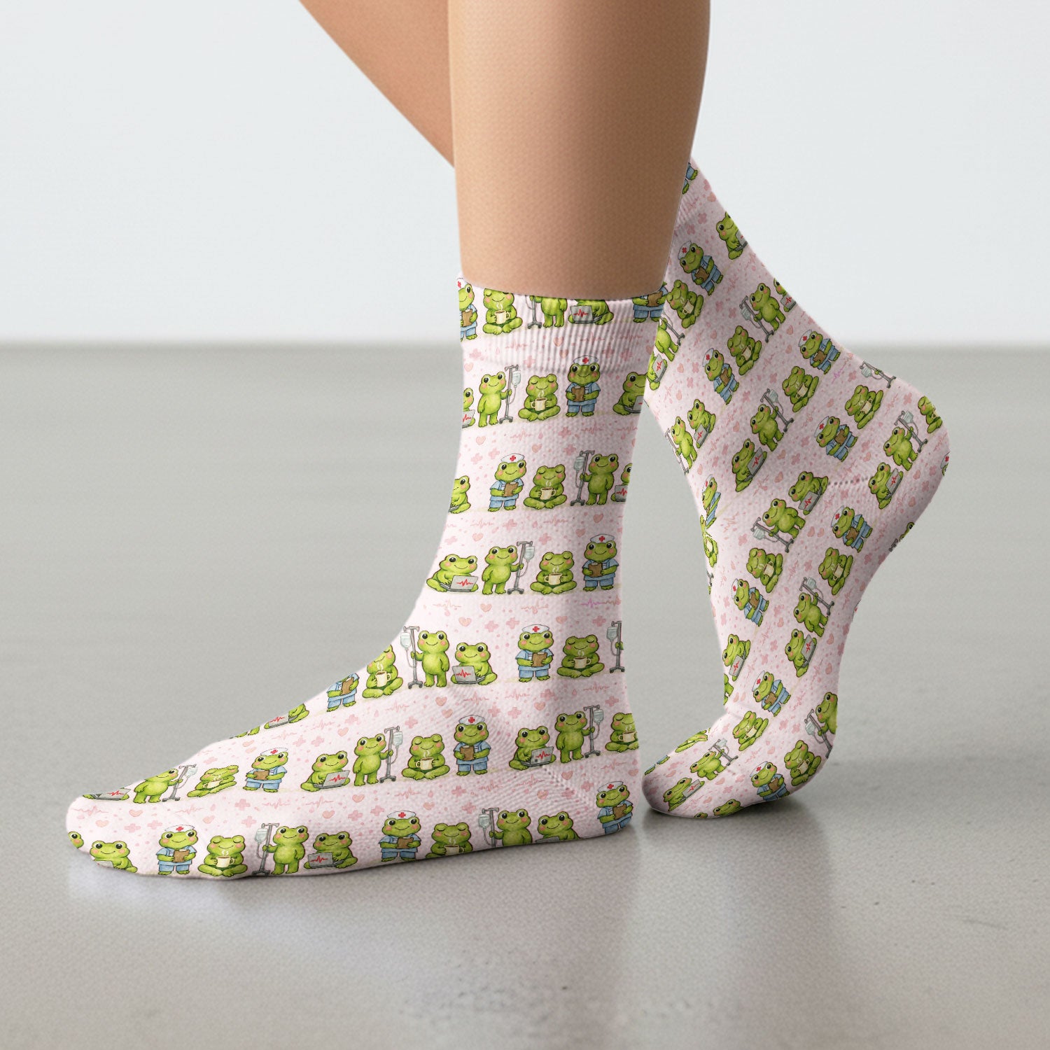 Adorable Frog Nurse Various Poses Print Socks, Breathable Fabrics Medical Uniform