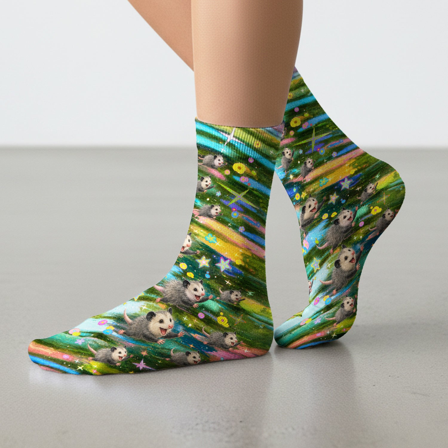 Colorful Opossum Rainbow Stars Print Socks, Adult Socks for Men and Women
