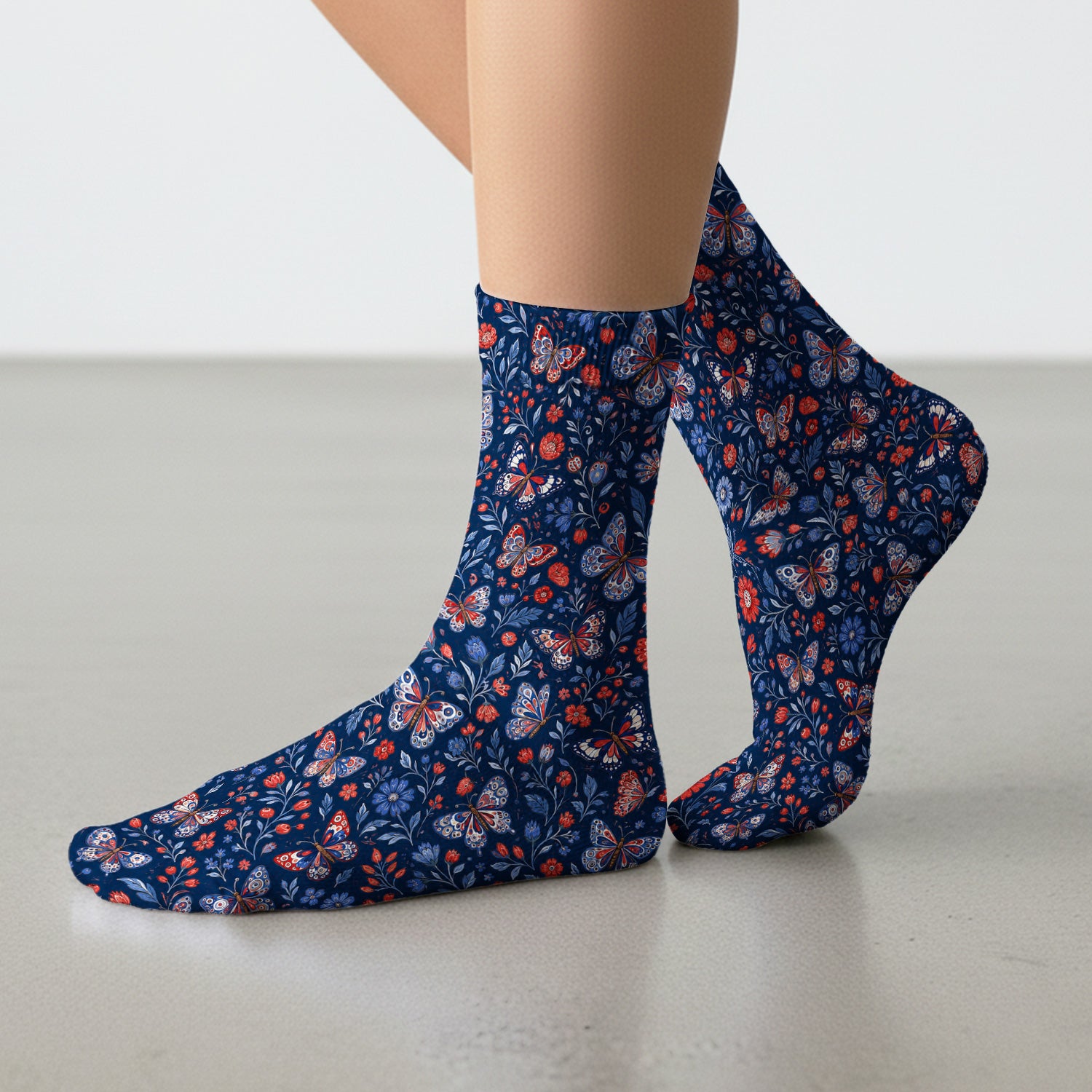 Patriotic Floral Butterfly Pattern Socks, Adult Socks for Men and Women