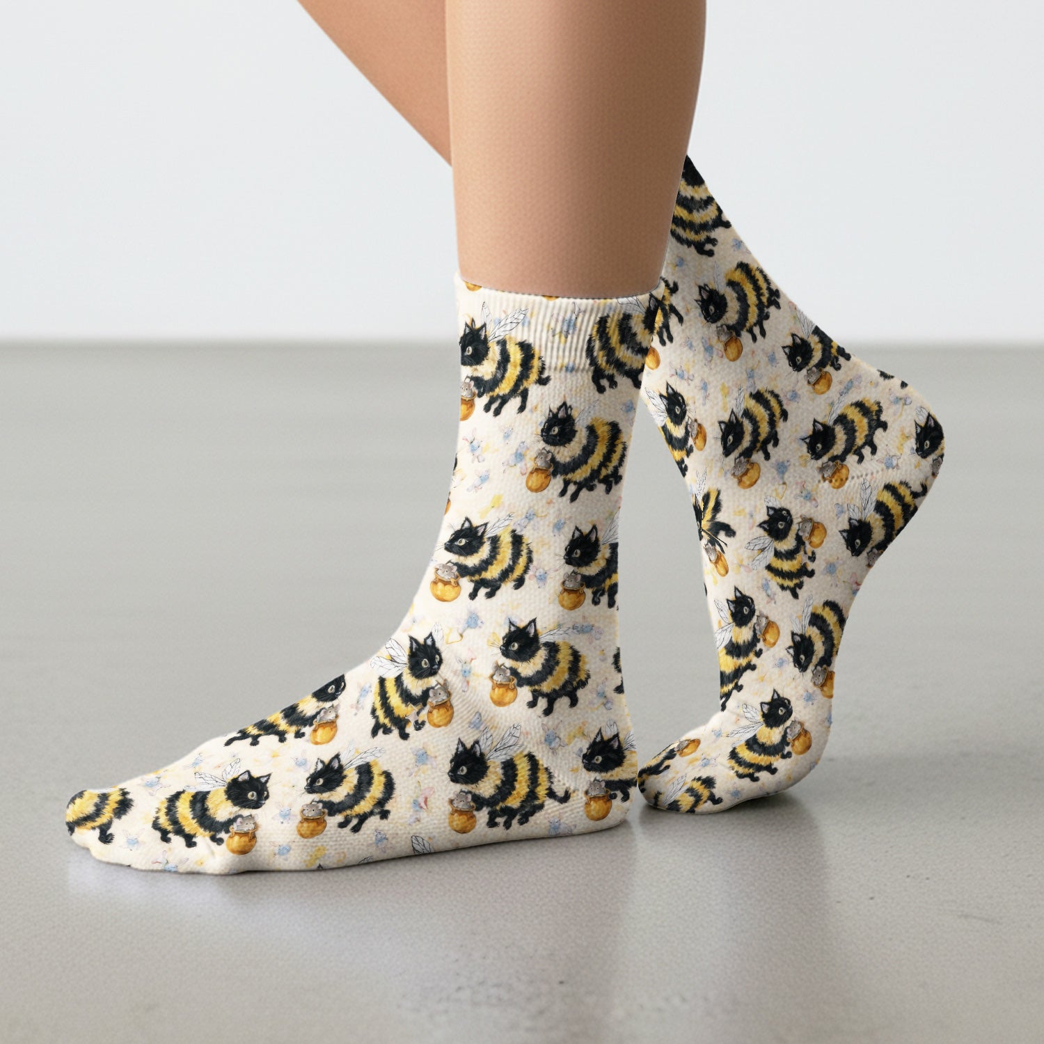 Adorable Nurse Bumblebee Cat Honey Jar Winged Pattern Socks, Adult Socks for Men and Women
