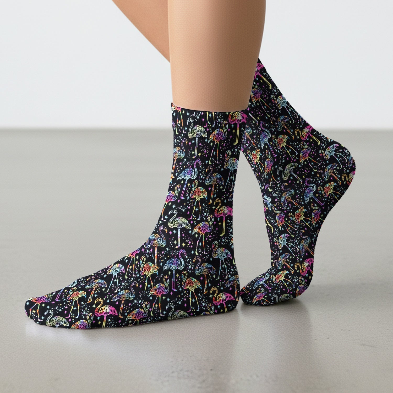 Neon Flamingo Starry Night Pattern Socks, Adult Socks for Men and Women