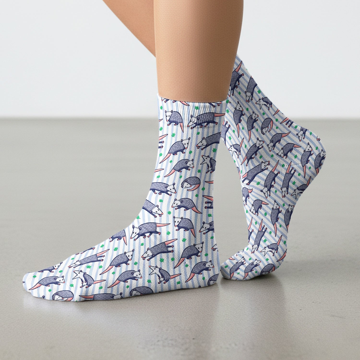 Cute Opossum Blue Stripe Pattern Socks, Socks for Nurse Doctor