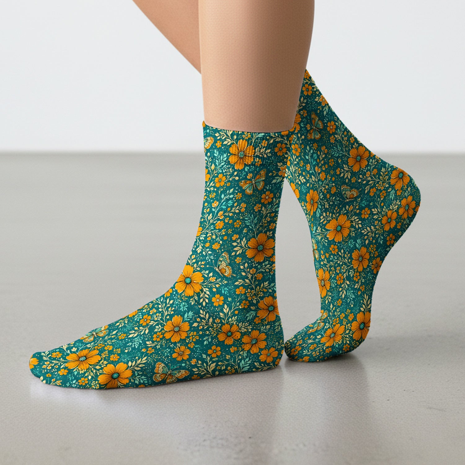 Orange Floral Butterfly Vine Pattern Socks, Adult Socks for Men and Women