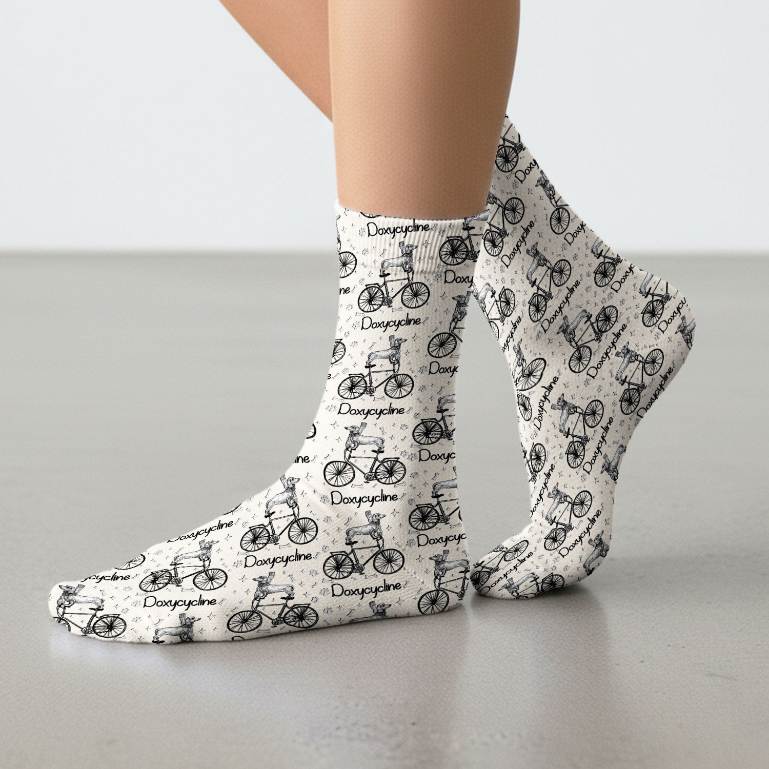 Funny Doxycycline Dog Bicycle Print Scrub Socks, Adult Socks for Men and Women