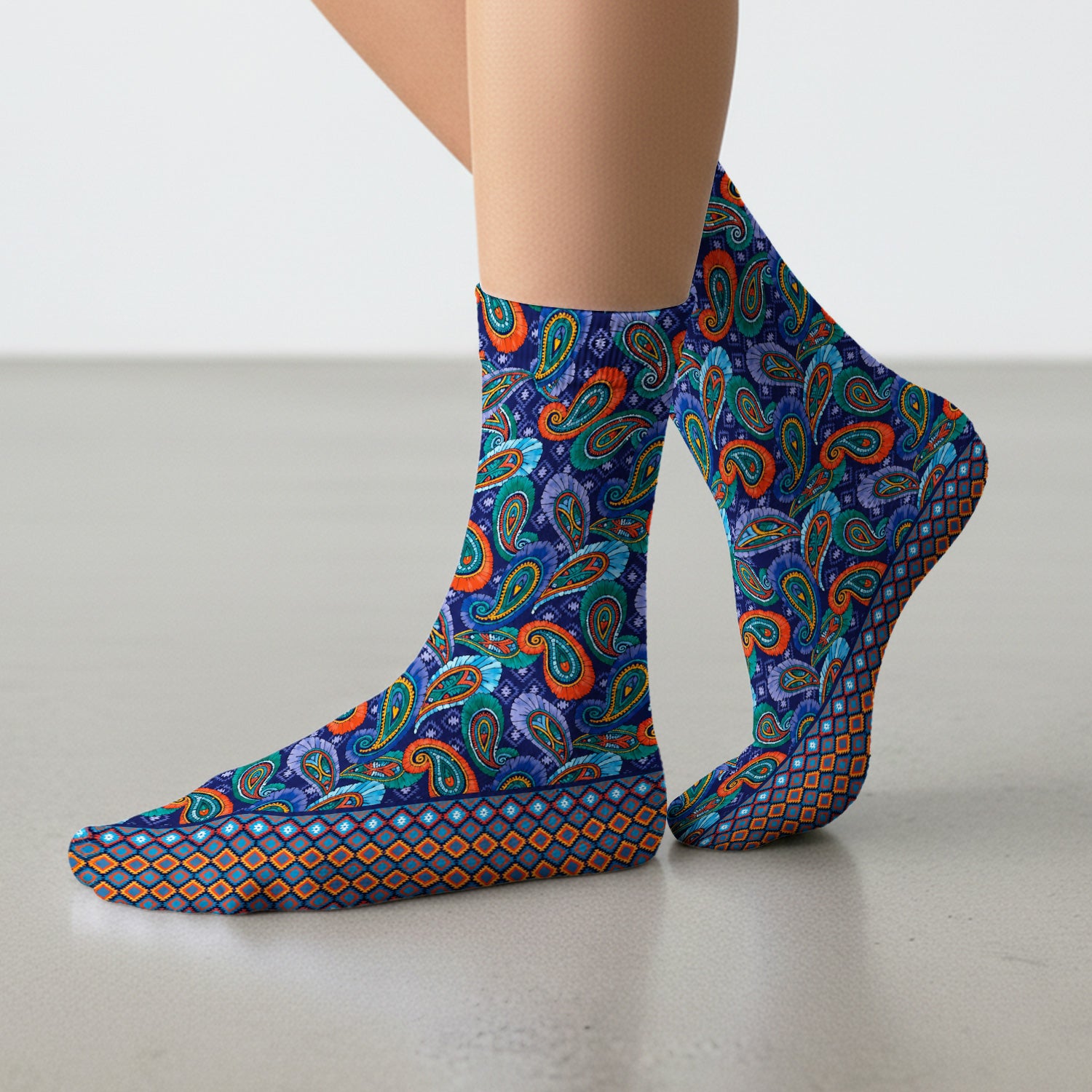 Colorful Paisley Geometric Border Pattern Socks, Adult Socks for Men and Women