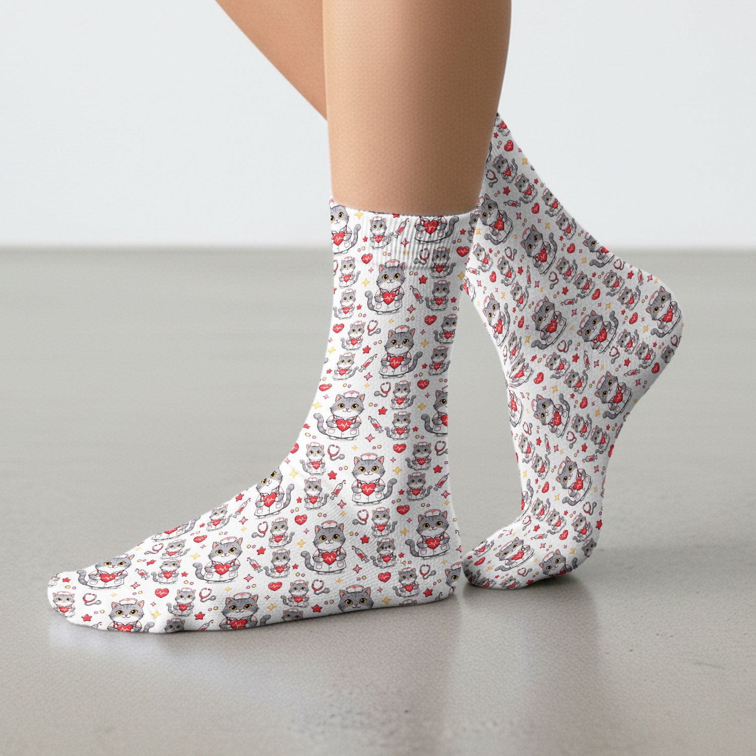Cute Nurse Cat Heart Medical Print Socks, Adult Socks for Men and Women