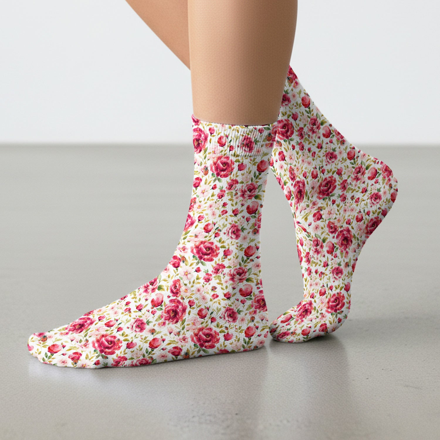 Pink Rose Ladybug Garden Pattern Socks, Adult Socks for Men and Women