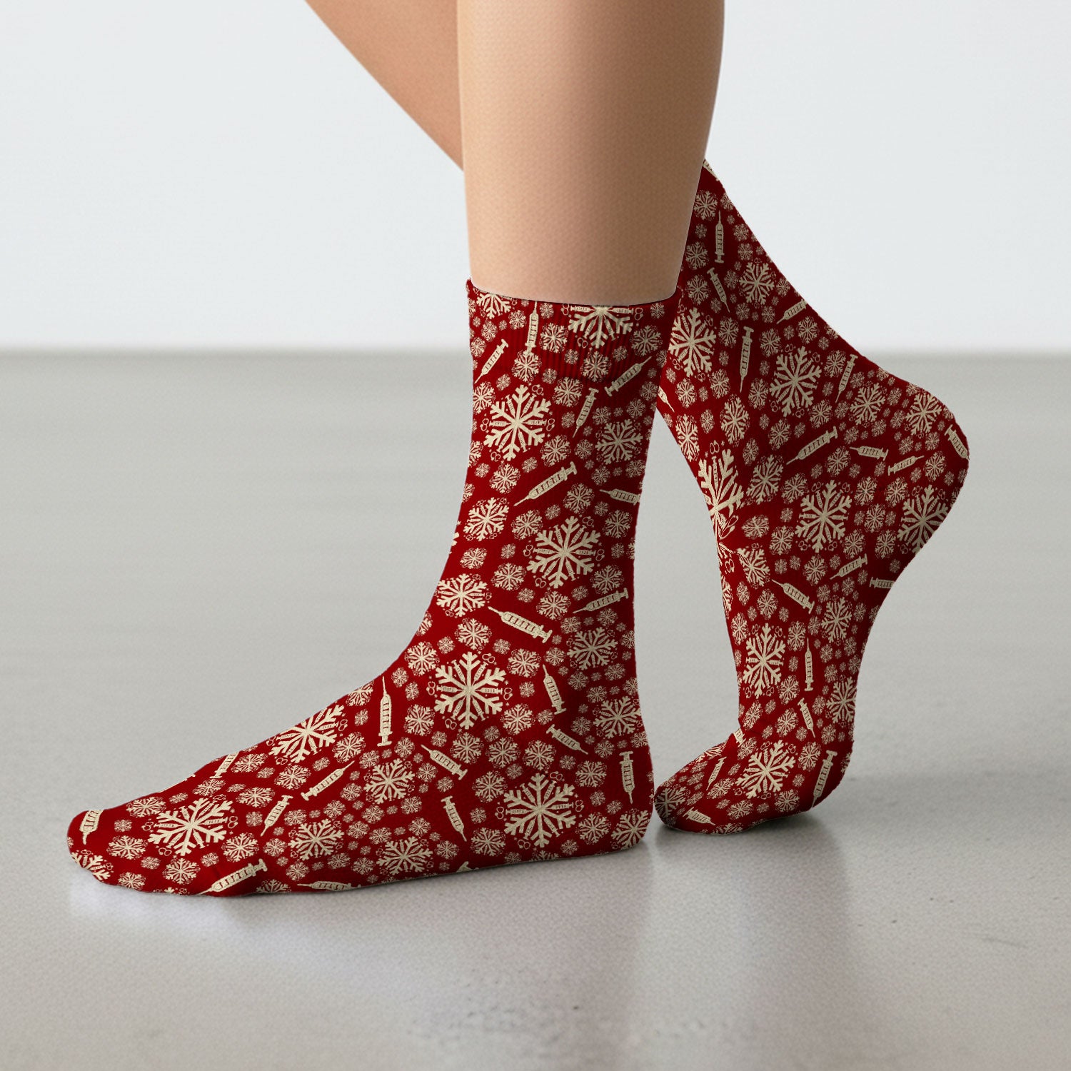Snowflake Syringe Socks for Nurse Doctor - Winter Snow Adult Socks for Men and Women - Breathable Fabrics Medical Uniform