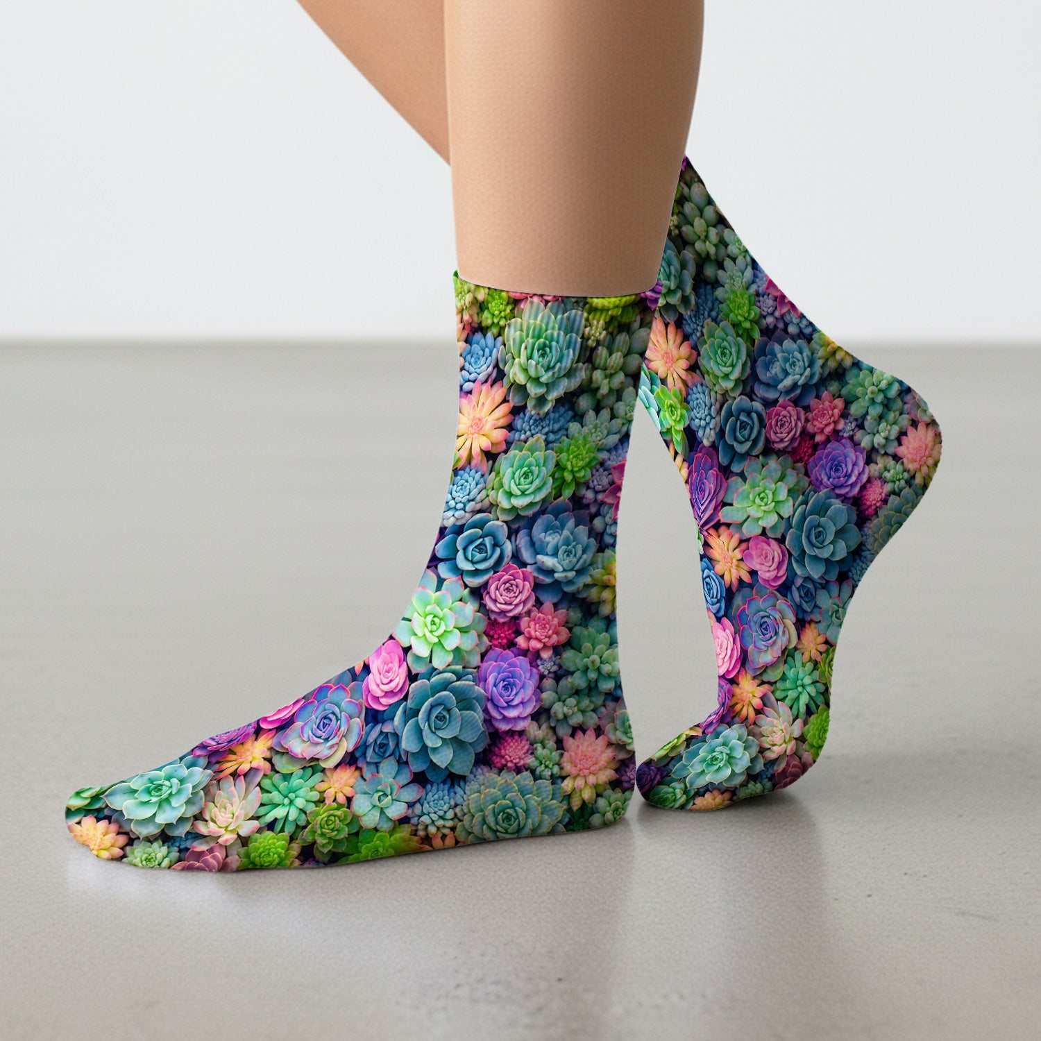 Cute Nurse Scrub Top Boho Succulent Flower Pattern Socks, Adult Socks for Men and Women