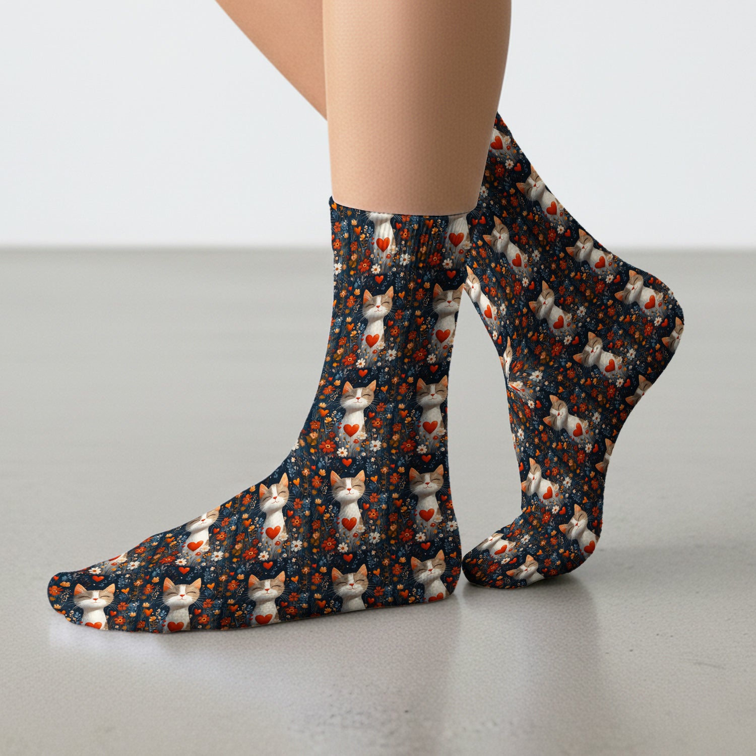 Cat Heart Floral Garden Pattern Socks, Adult Socks for Men and Women