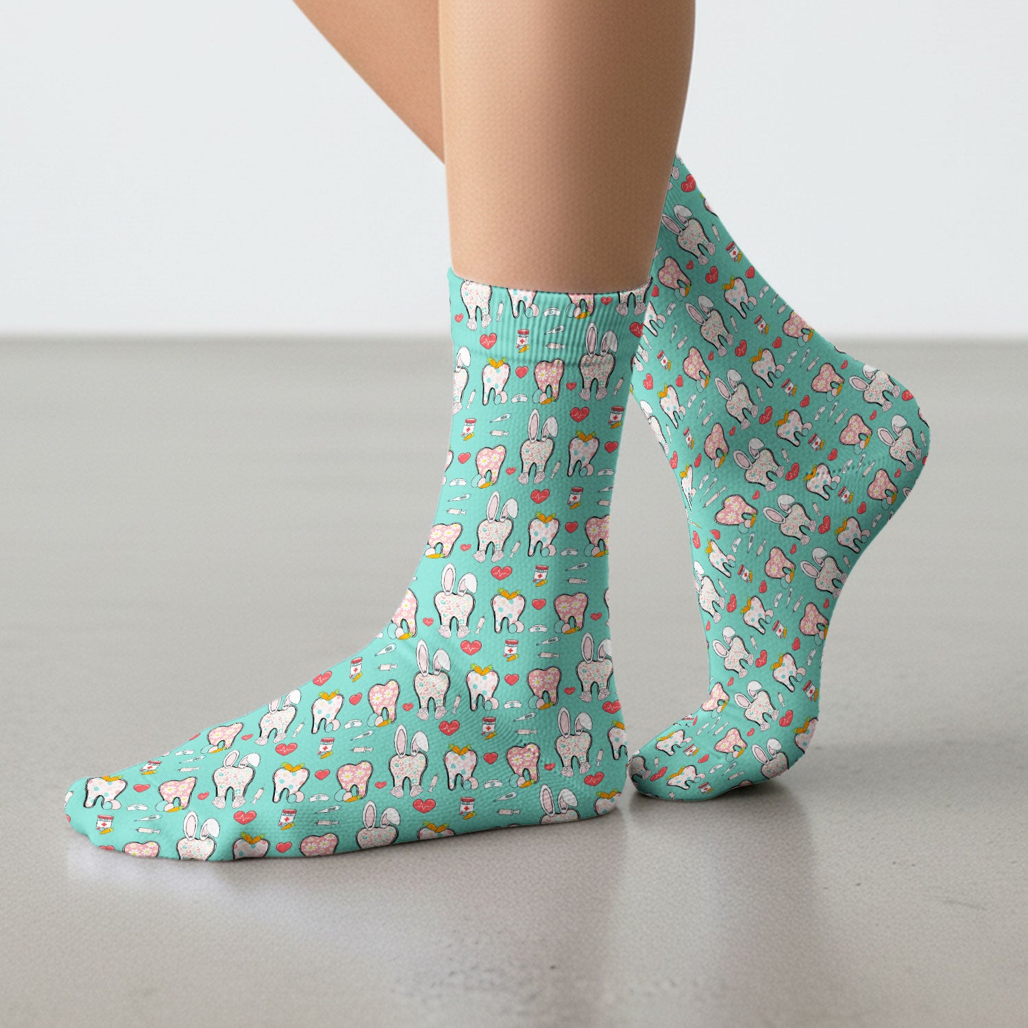 Playful Bunny Dentist Illustration Medical Socks, Adult Socks for Men and Women