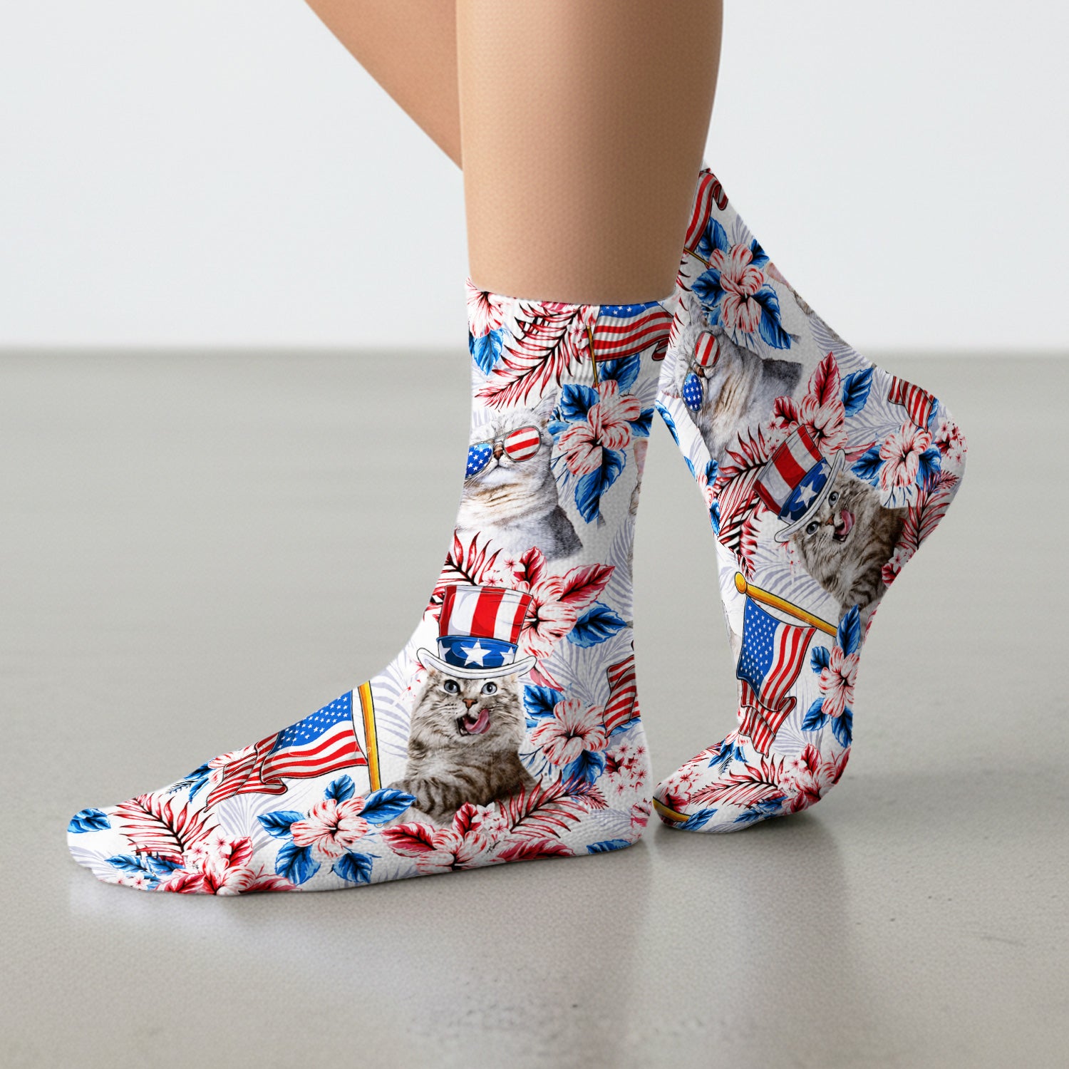 Patriotic Cat with USA Flag Socks, Adult Socks for Men and Women