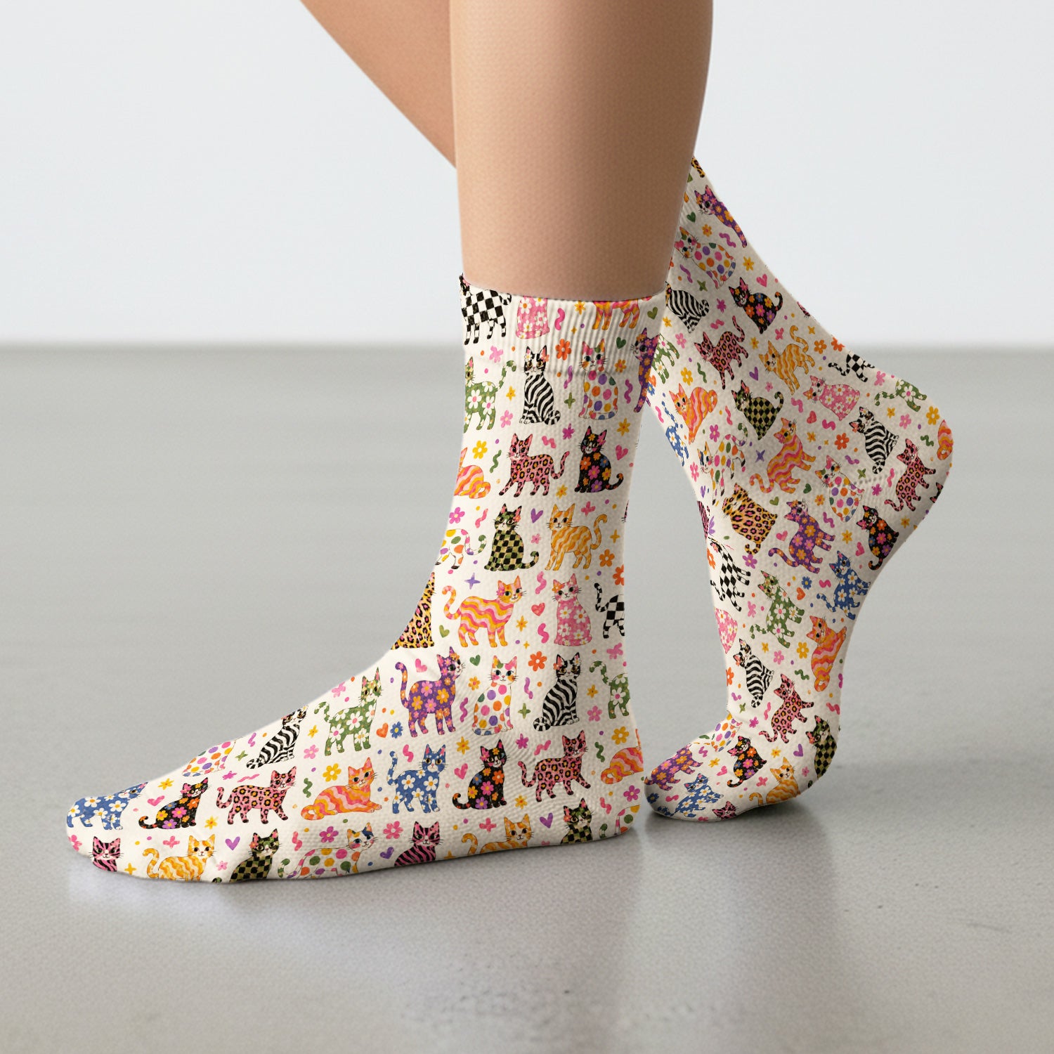 Colorful Cat with Floral Print Socks, Adult Socks for Men and Women