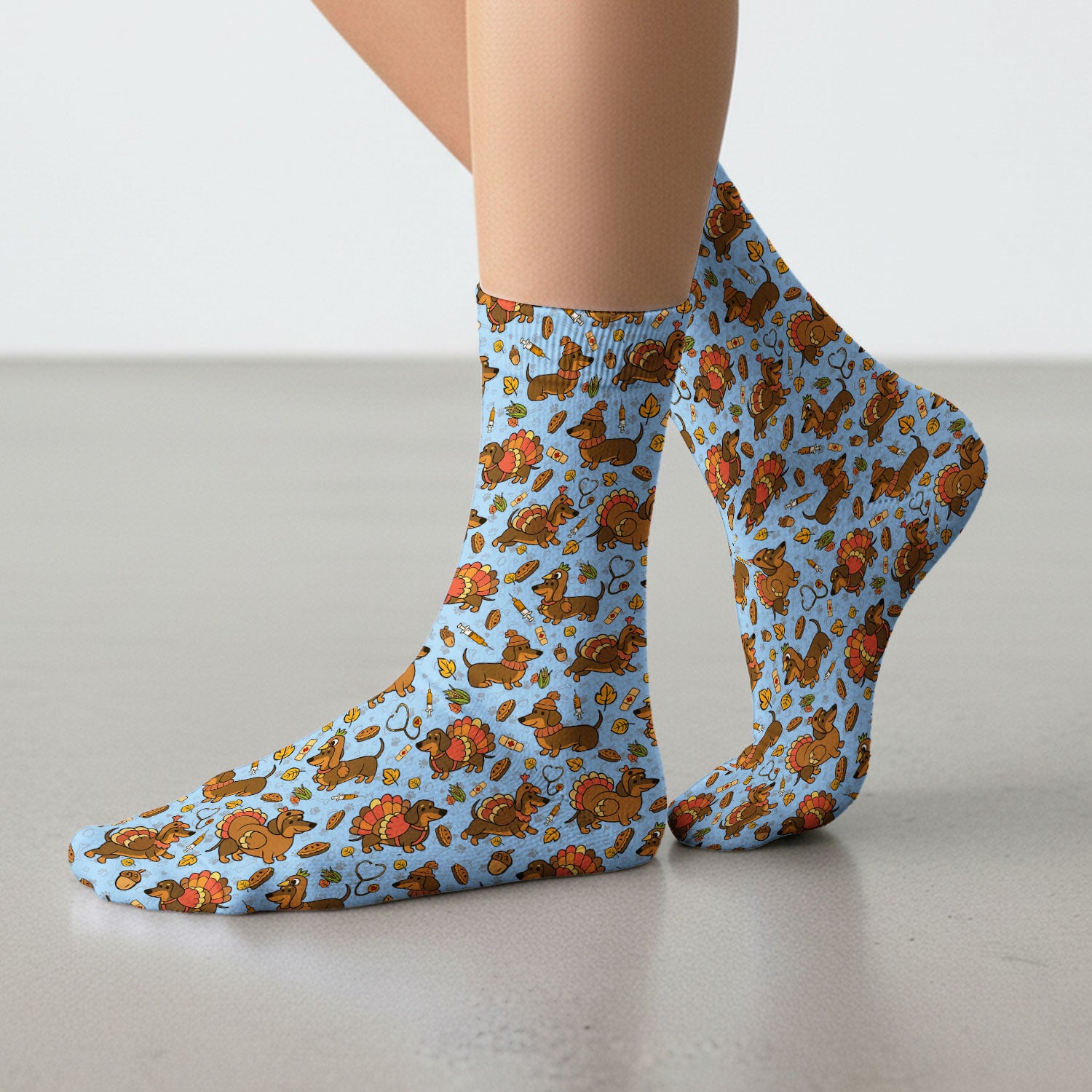 Thanksgiving Wiener Dog Socks for Nurse Doctor - Funny Dachshund Turkey Adult Socks for Men and Women
