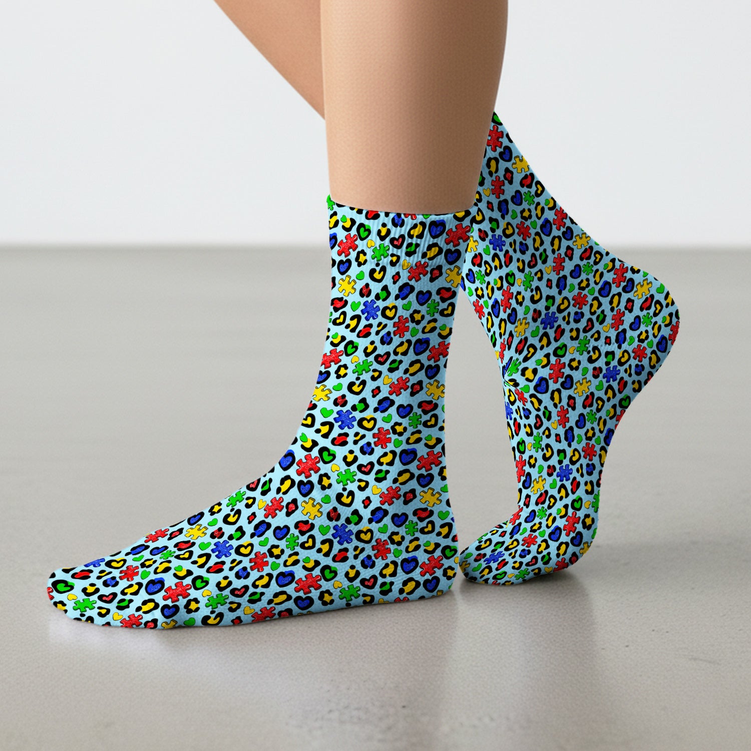Colorful Puzzle Heart Print Crew Socks, Unisex Casual Socks