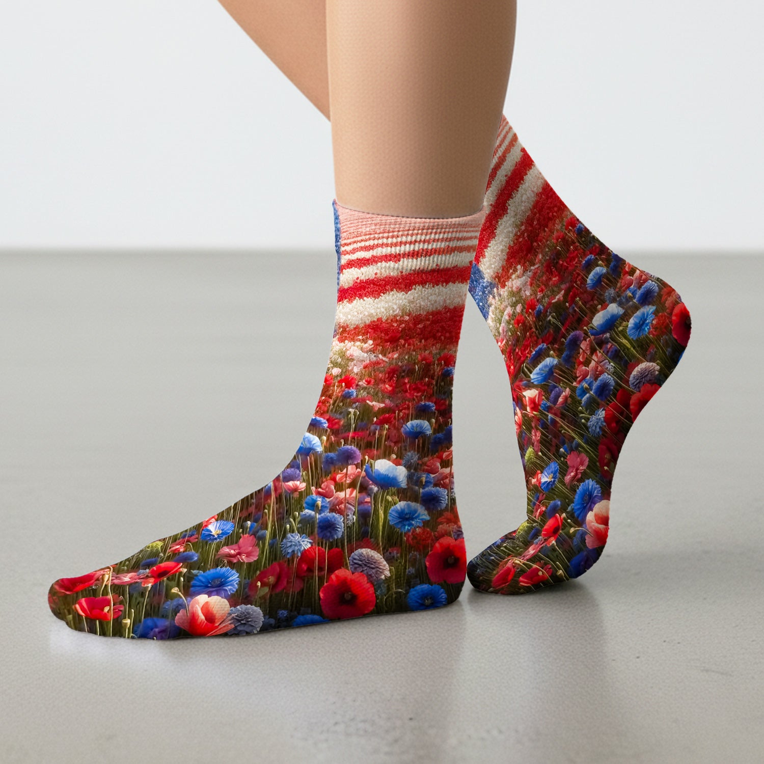 Festive Nurse American Flag Wildflower Field Socks, Adult Socks for Men and Women