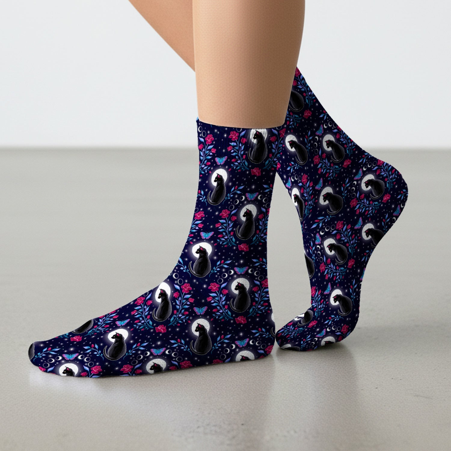 Black Cat Moon Rose Print Socks, Adult Socks for Men and Women