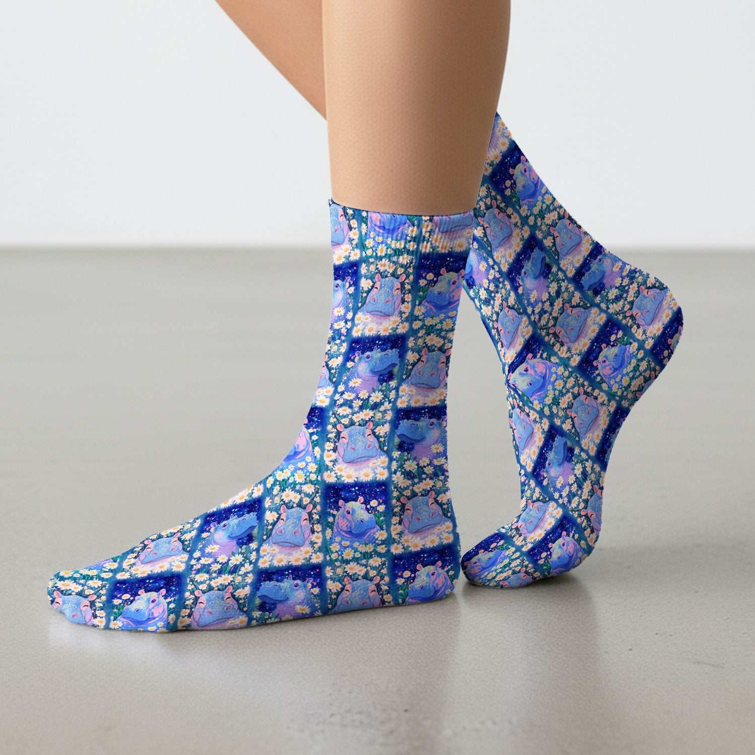 Cute Hippo Daisy Floral Patchwork Socks, Adult Socks for Men and Women