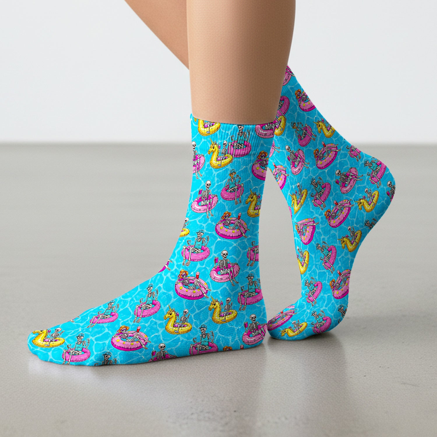 Summerween Skeleton with Pool Float Print Socks, Adult Socks for Men and Women
