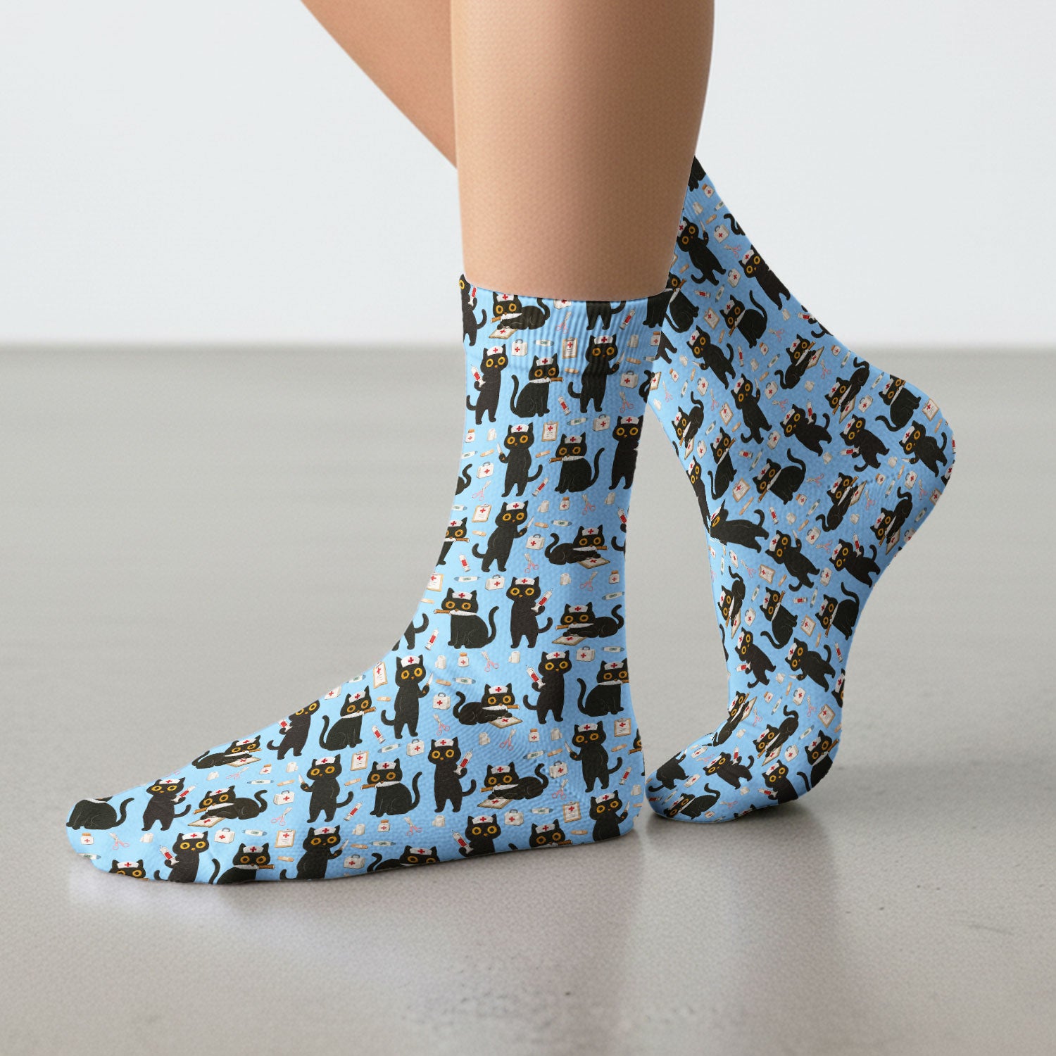 Cute Black Cat Nurse Pattern Medical Socks, Breathable Fabrics Medical Uniform