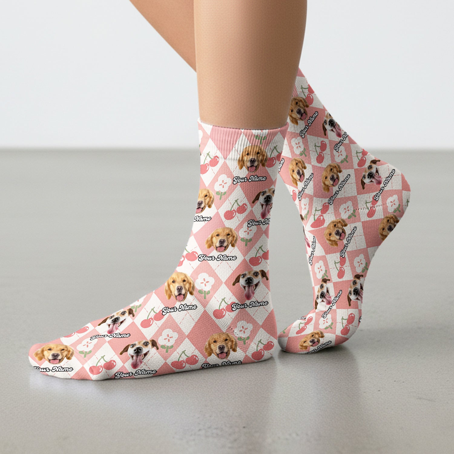Custom Dog Face Sock, Playful Dog Cherry Argyle Pattern, Breathable Fabrics Medical Uniform