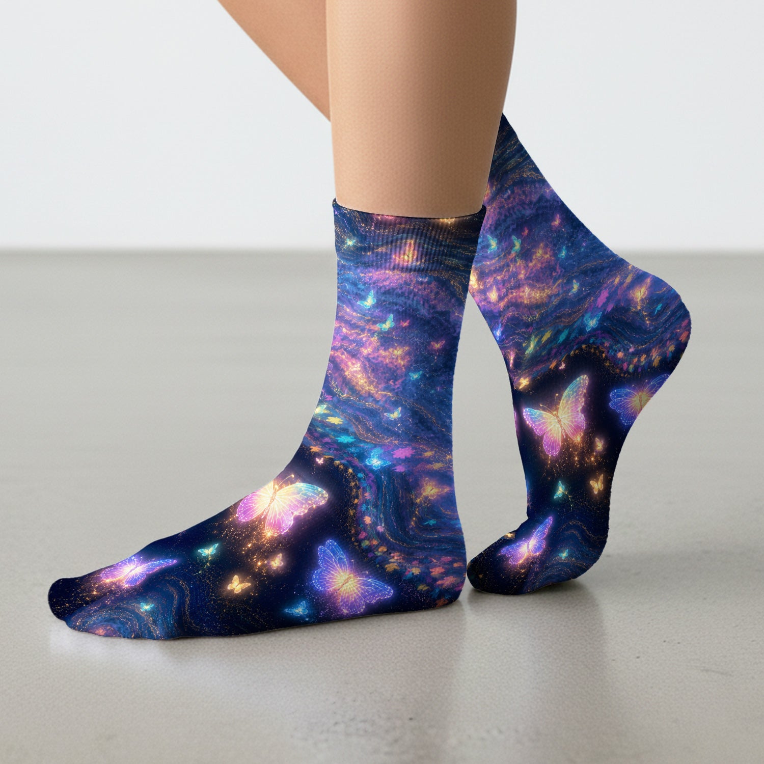 Neon Butterfly Galaxy Marble Print Socks, Adult Socks for Men and Women