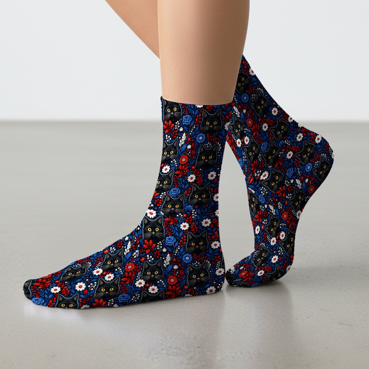 Black Cat Floral Nurse Pattern Socks, Adult Socks for Men and Women