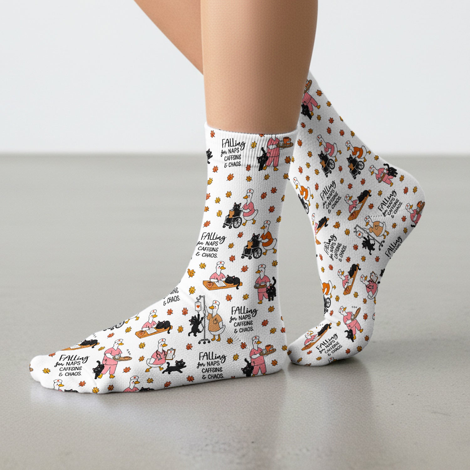 Funny Fall Nurse Goose And Black Cat Socks, Adult Socks for Men and Women