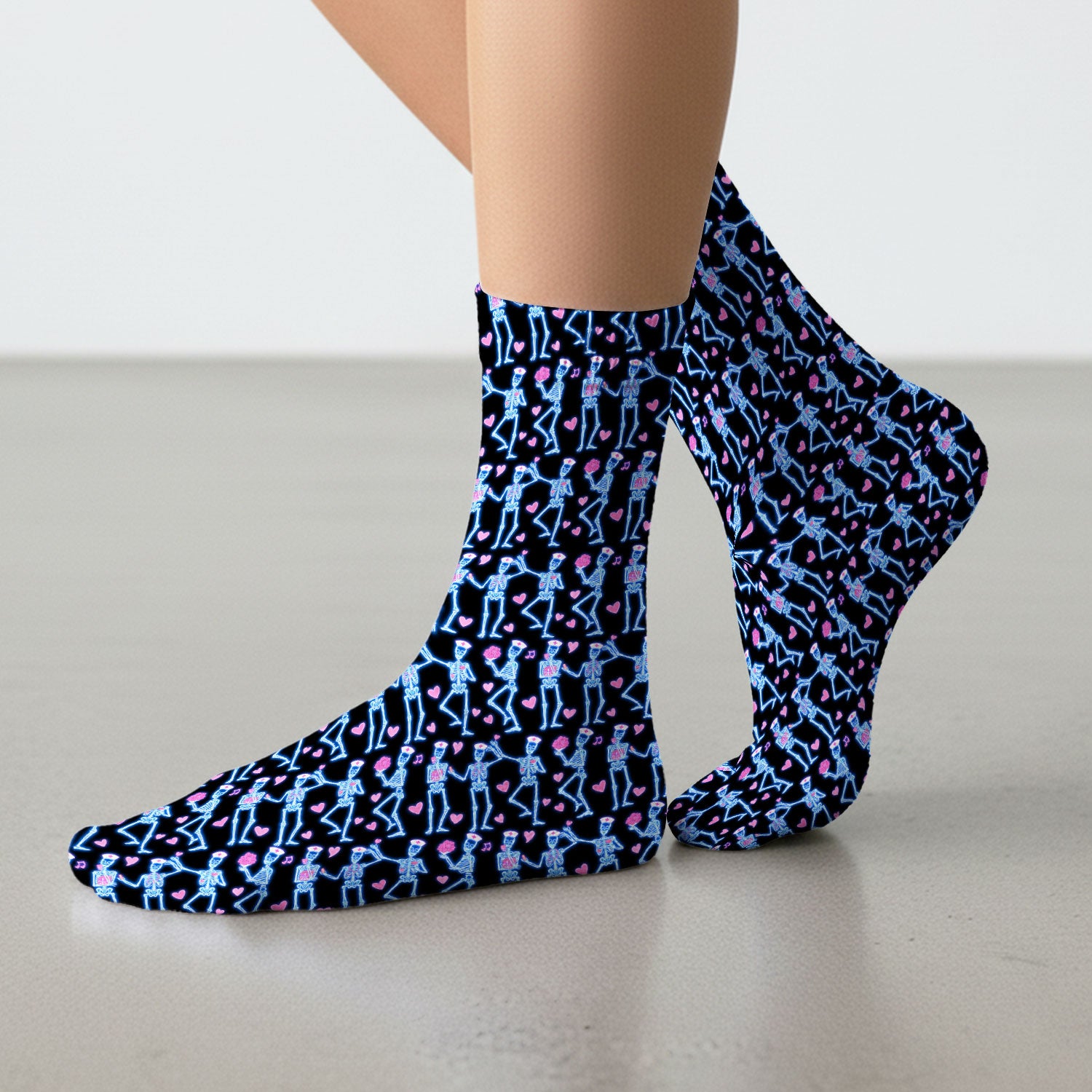 Skeleton Nurse Heart Pattern Socks, Playful Nurse Style, Adult Socks for Men and Women