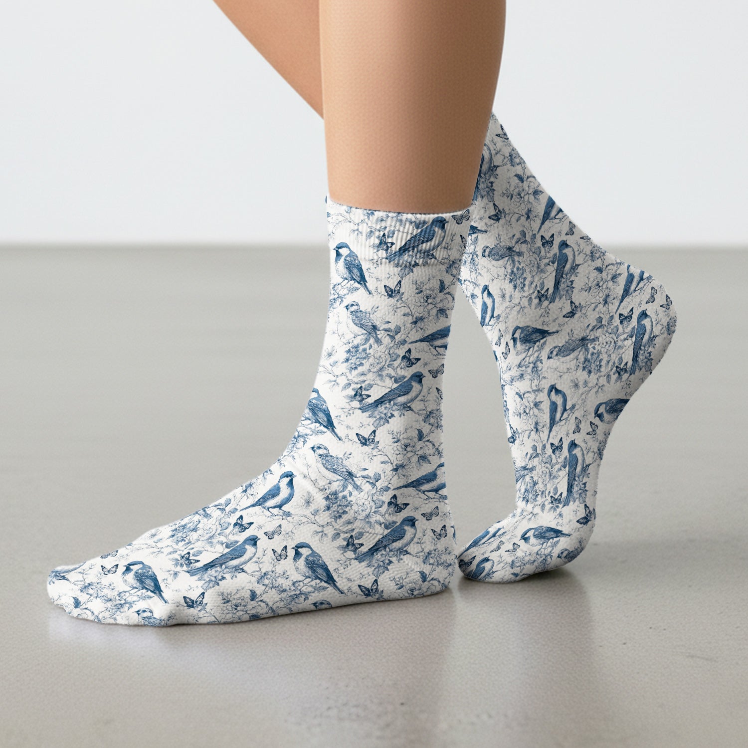 Blue Toile Songbird With Butterfly Print Socks, Adult Socks for Men and Women