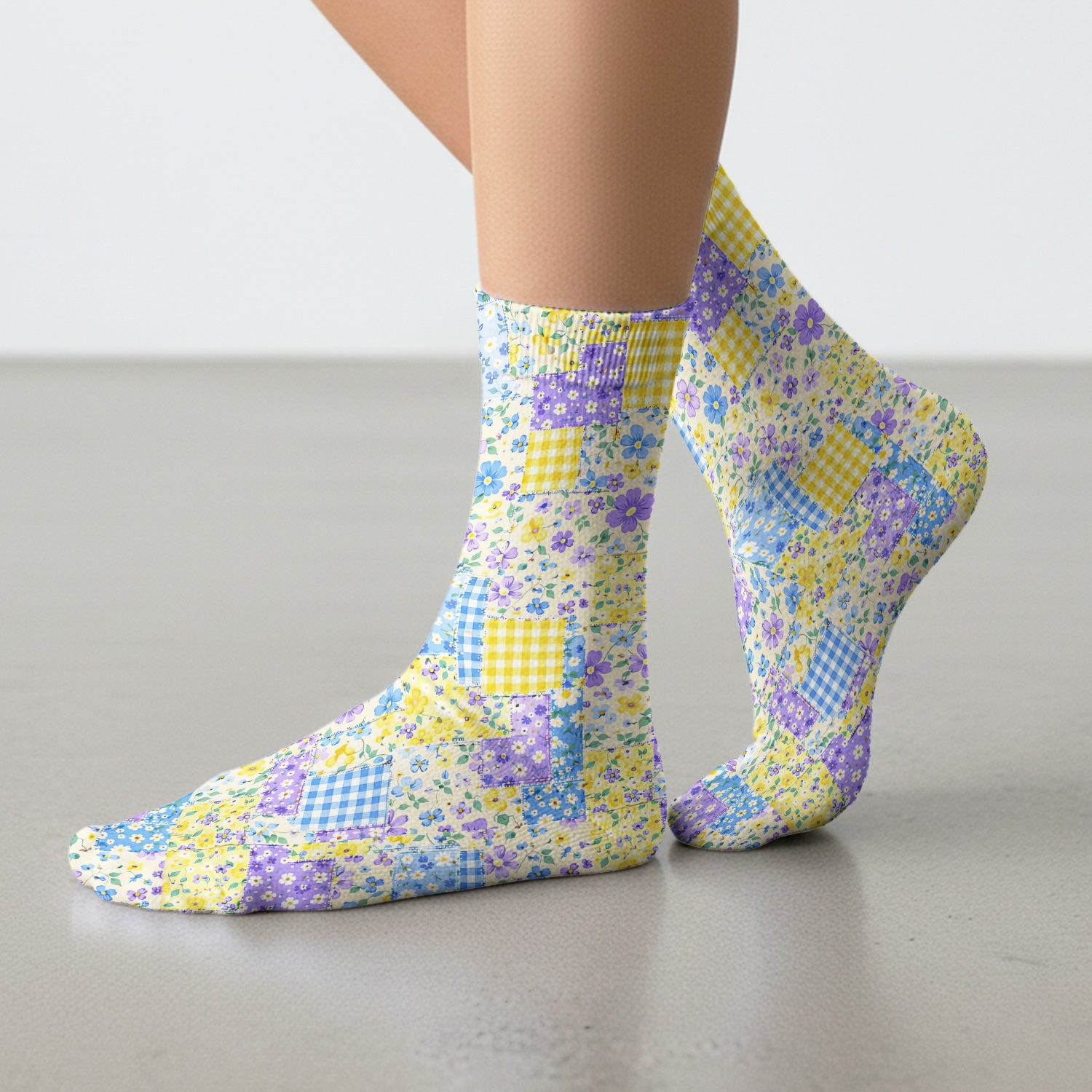 Cute Floral Patchwork Gingham Pattern Socks, Socks for Nurse Doctor