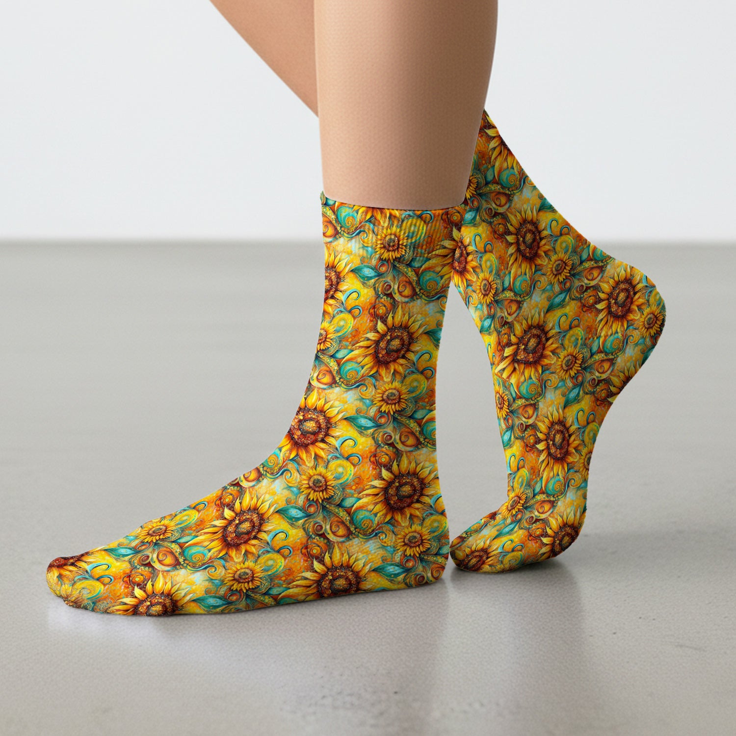Sunflower Swirl Floral Pattern Socks, Adult Socks for Men and Women