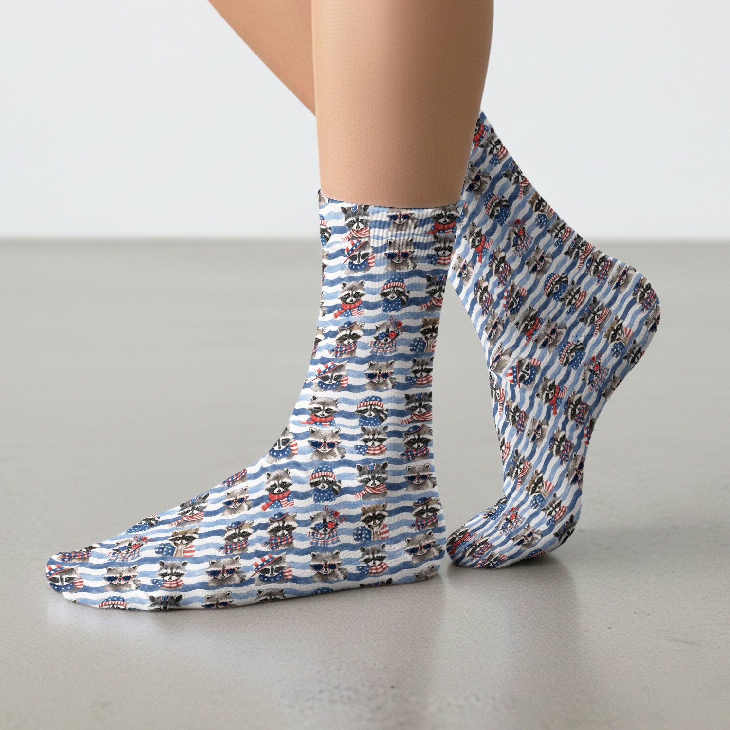 Patriotic Raccoon Watercolor Stripe Pattern Socks, Adult Socks for Men and Women
