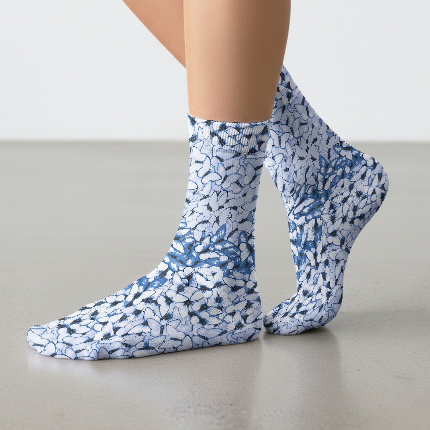 Blue Butterfly Floral Pattern Socks, Adult Socks for Men and Women