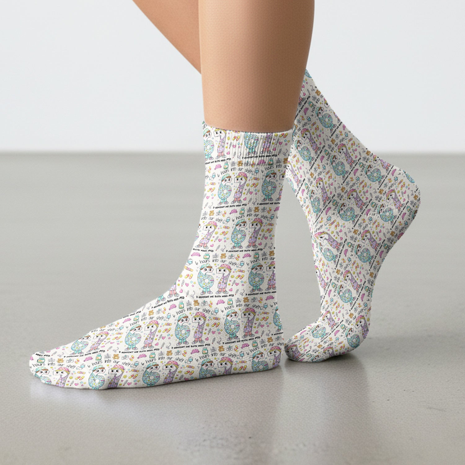 Cartoon Characters Six Hours Into Shift With Medical Doodle Socks, Breathable Fabrics Medical Uniform