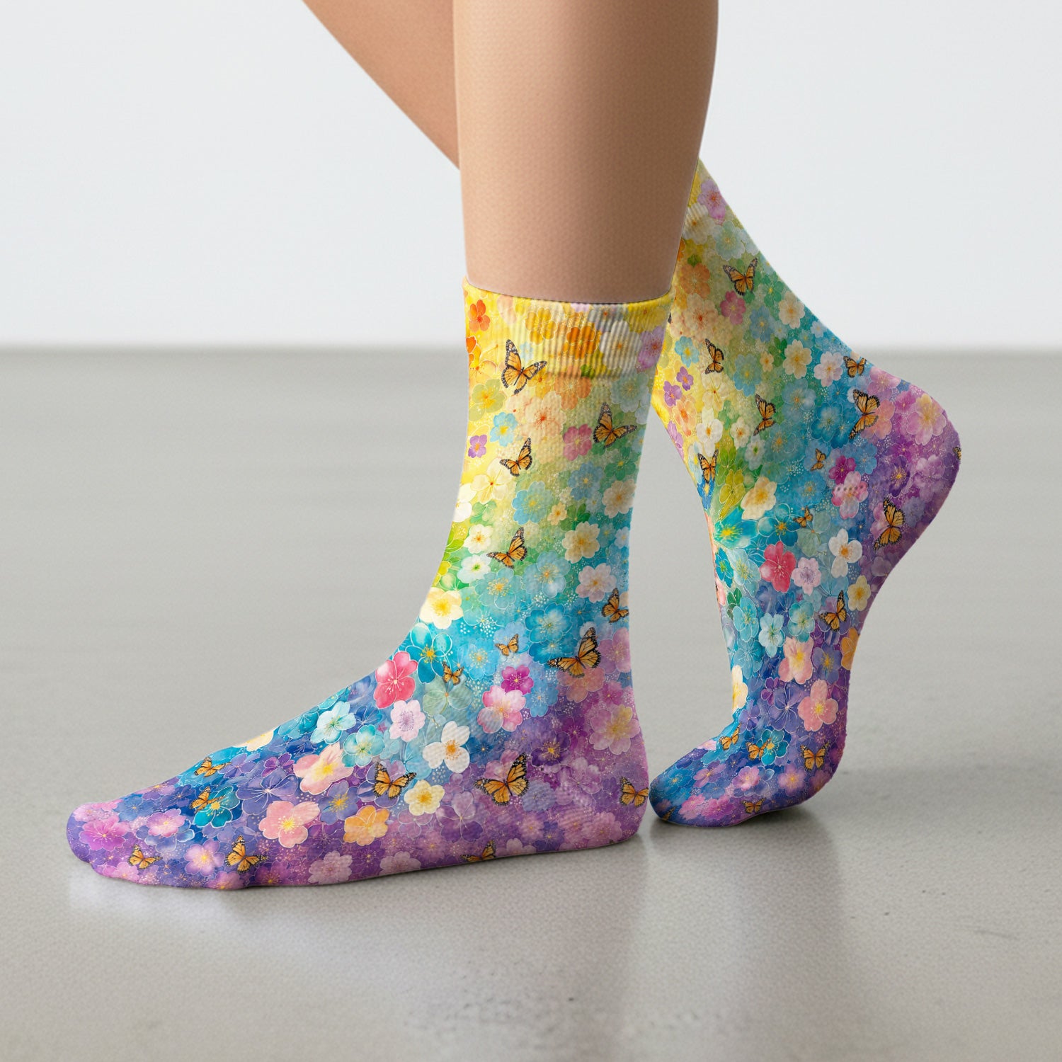 Rainbow Butterfly Floral Blossom Pattern Socks, Adult Socks for Men and Women